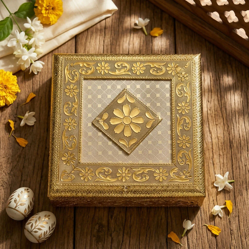 Handcrafted Golden Embossed Floral Design Metal Box - Image 3