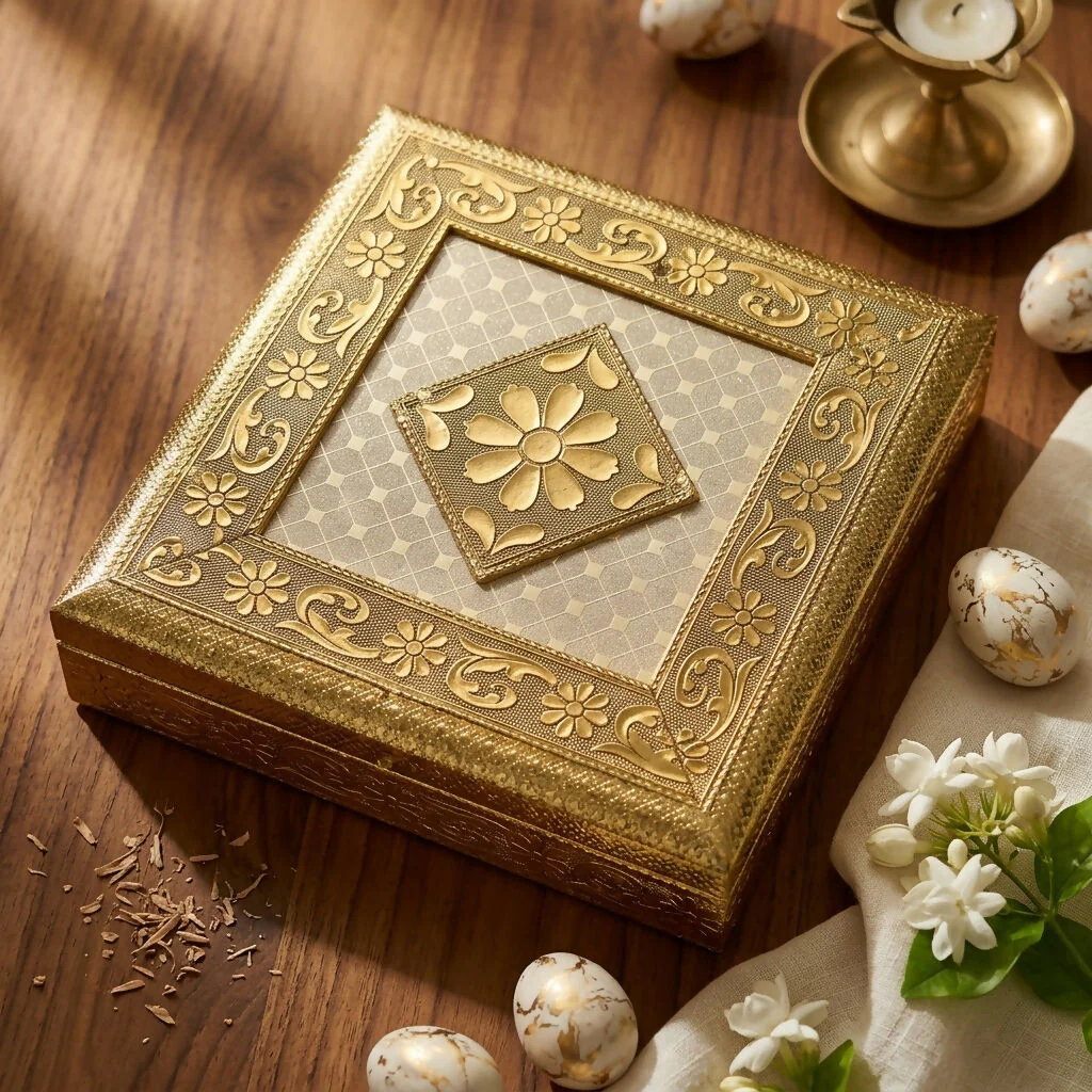 Handcrafted Golden Embossed Floral Design Metal Box - Image 4