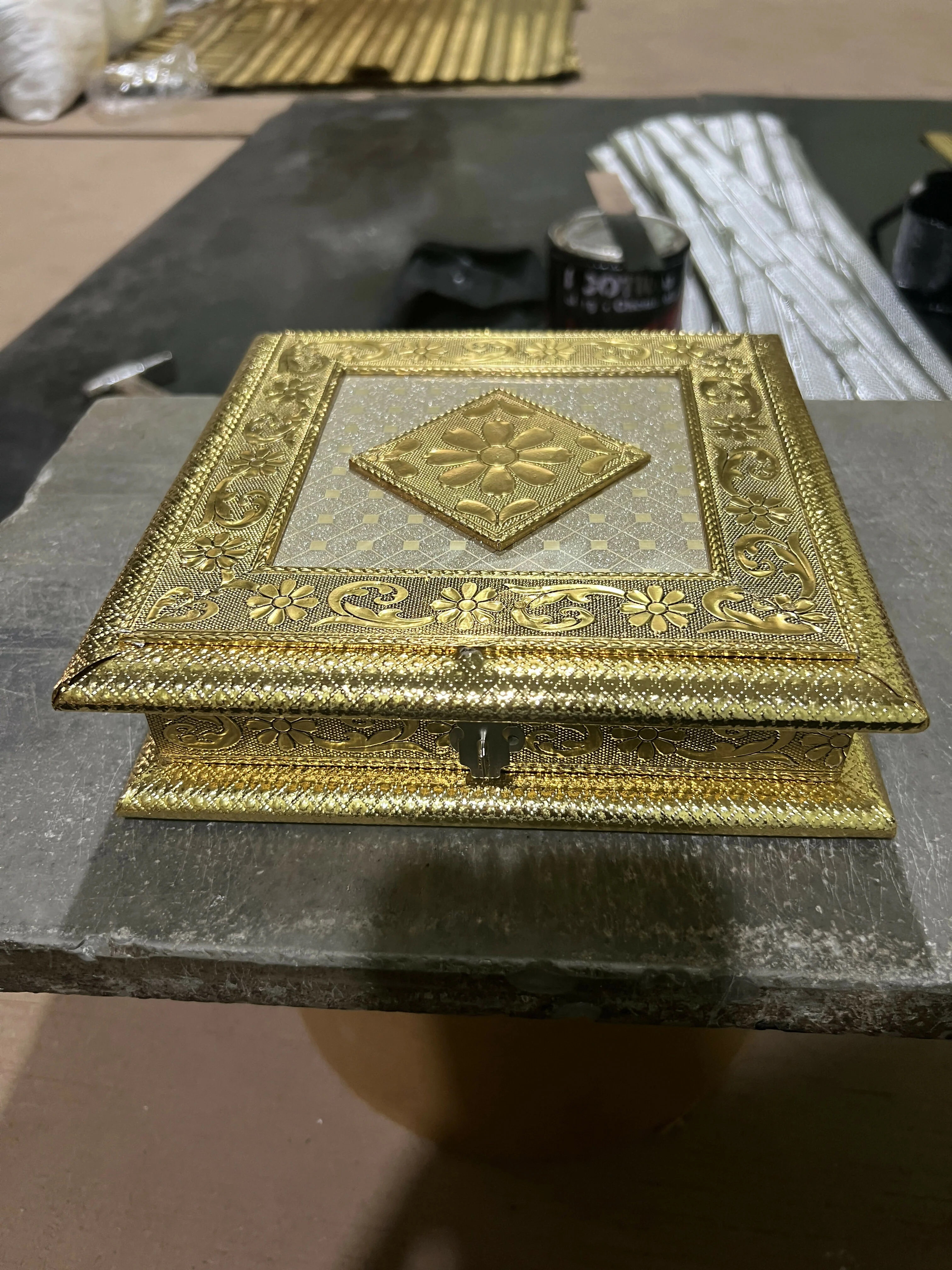 Handcrafted Golden Embossed Floral Design Metal Box - Image 5