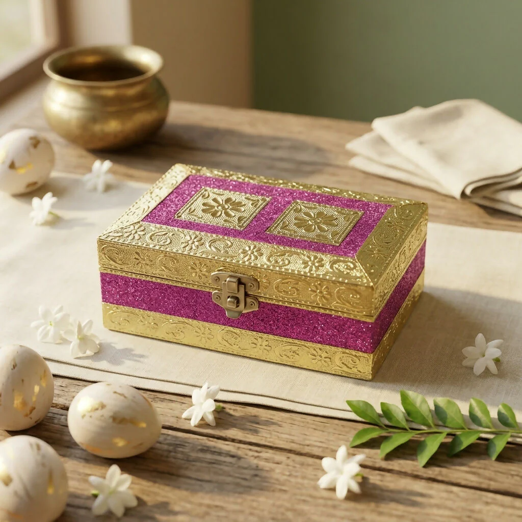 Handcrafted Golden Embossed Magenta Glitter dry fruit Box (6x4 Inch) - Image 2