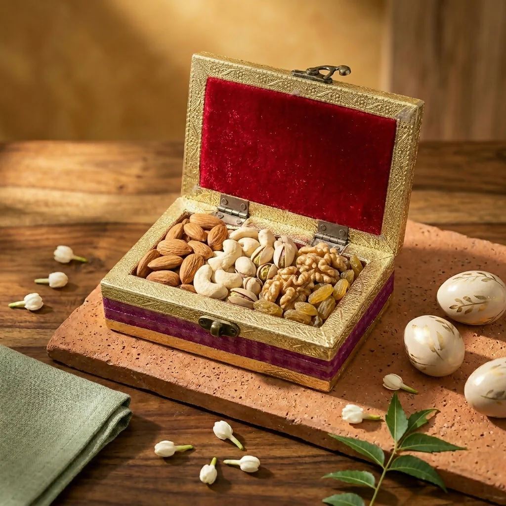 Handcrafted Golden Embossed Magenta Glitter dry fruit Box (6x4 Inch) - Image 3