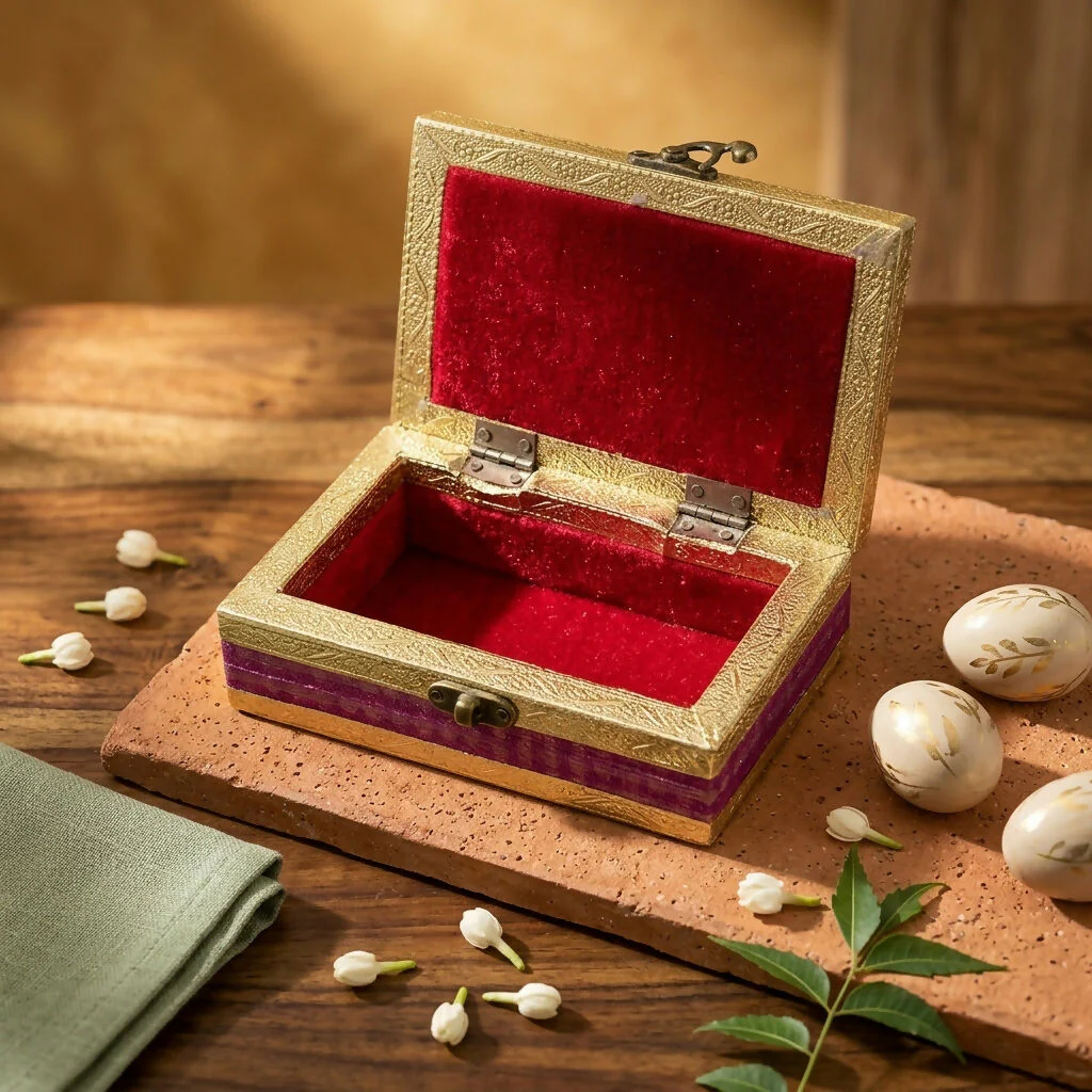 Handcrafted Golden Embossed Magenta Glitter dry fruit Box (6x4 Inch) - Image 4