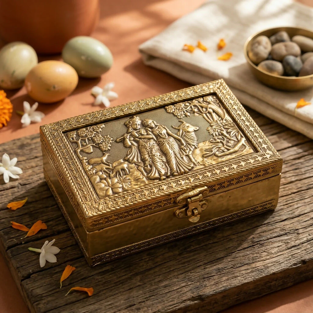 Handcrafted Golden Embossed Radha Krishna Metal Box - Image 3