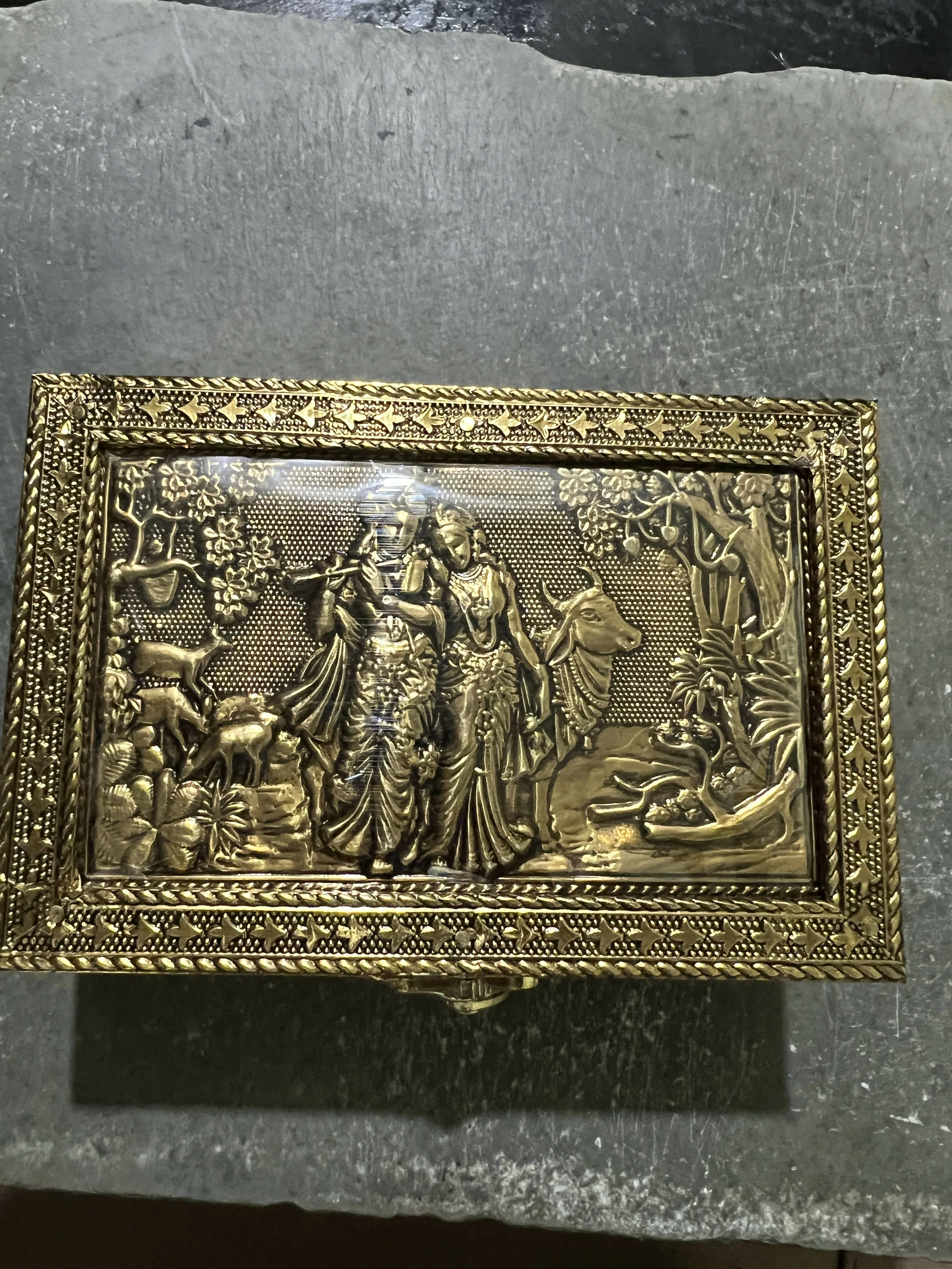 Handcrafted Golden Embossed Radha Krishna Metal Box - Image 4