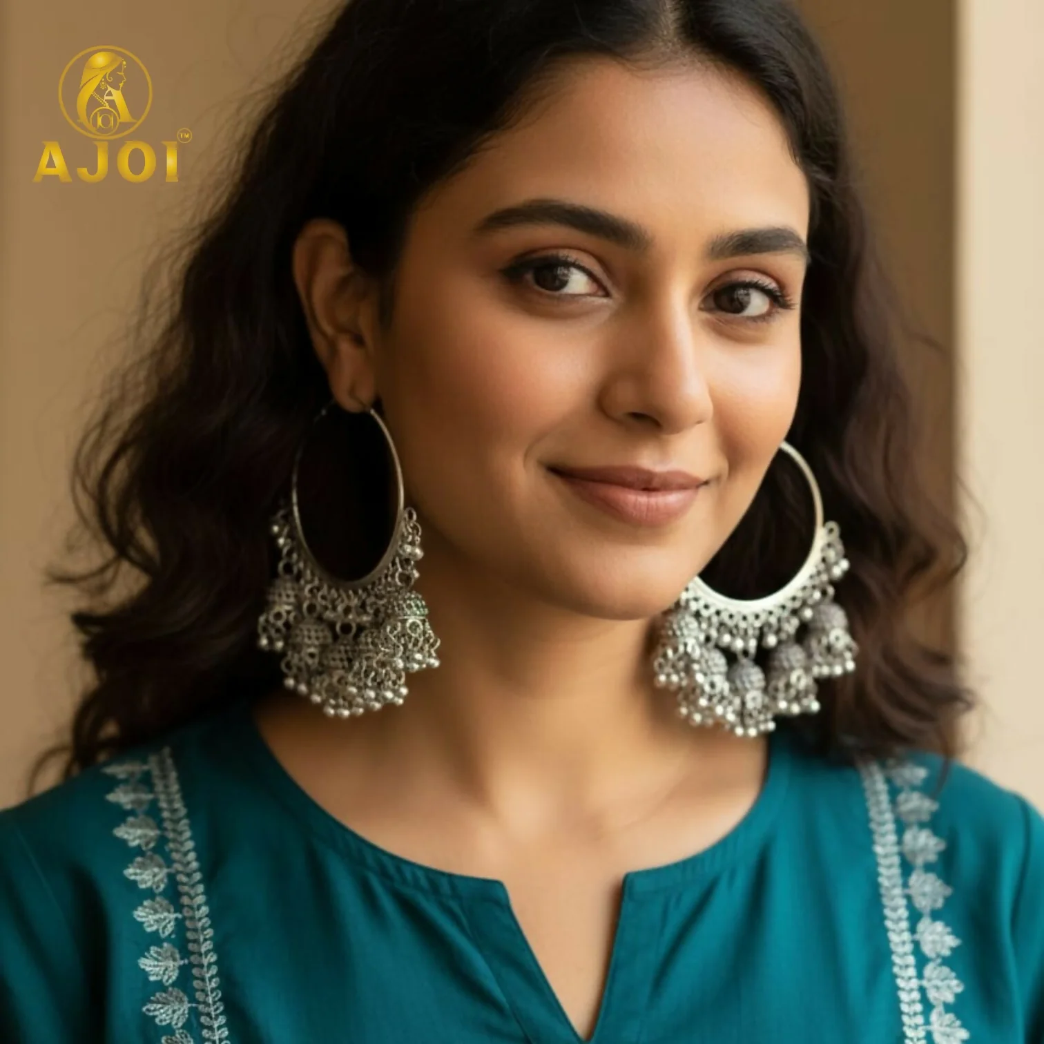 Handcrafted Oxidized Silver Hoop Jhumka Earrings with Intricate Filigree Detailing and Multiple Dangling Bell Drops - Image 2