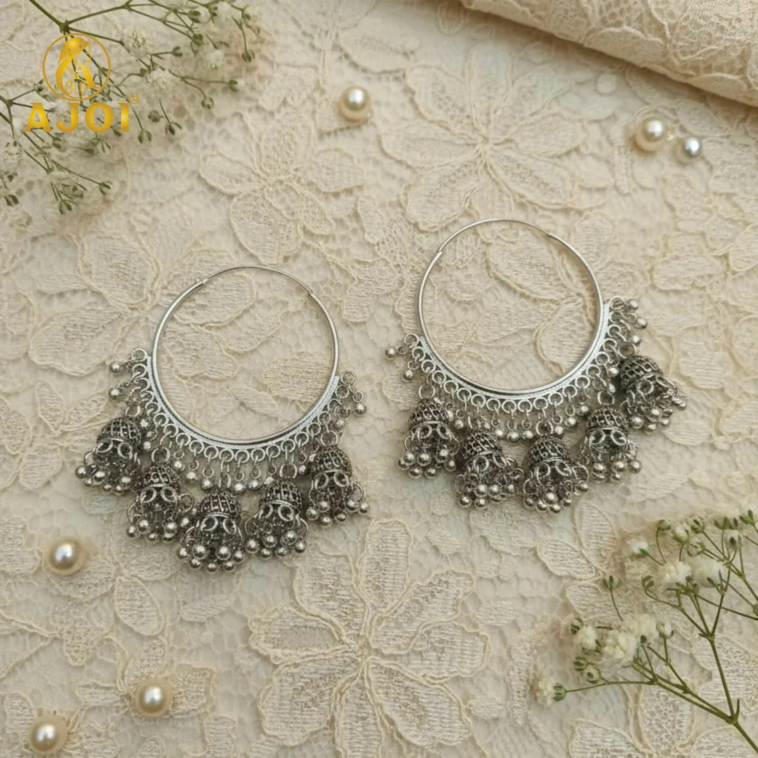 Handcrafted Oxidized Silver Hoop Jhumka Earrings with Intricate Filigree Detailing and Multiple Dangling Bell Drops - Image 3
