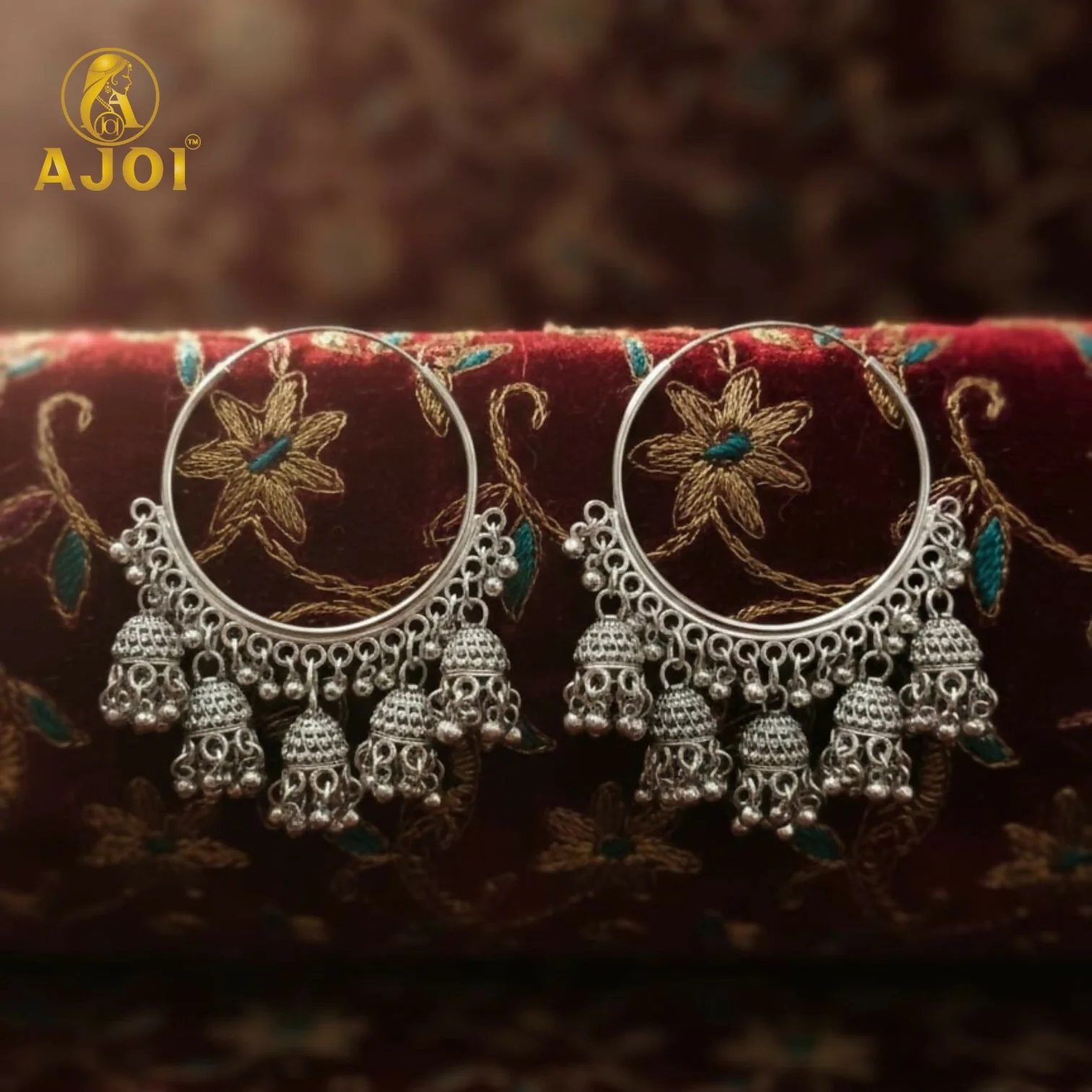Handcrafted Oxidized Silver Hoop Jhumka Earrings with Intricate Filigree Detailing and Multiple Dangling Bell Drops - Image 5