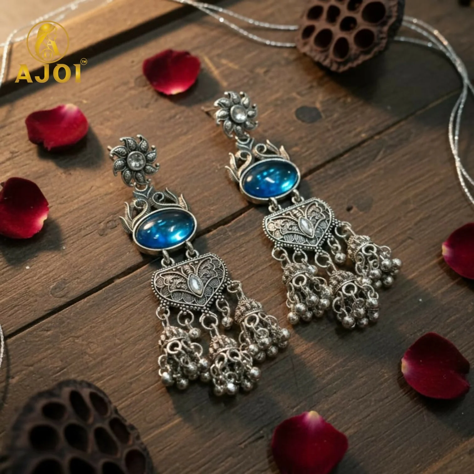 Oxidized Earrings with Intricate Filigree Work and Multi-Drop - Image 3