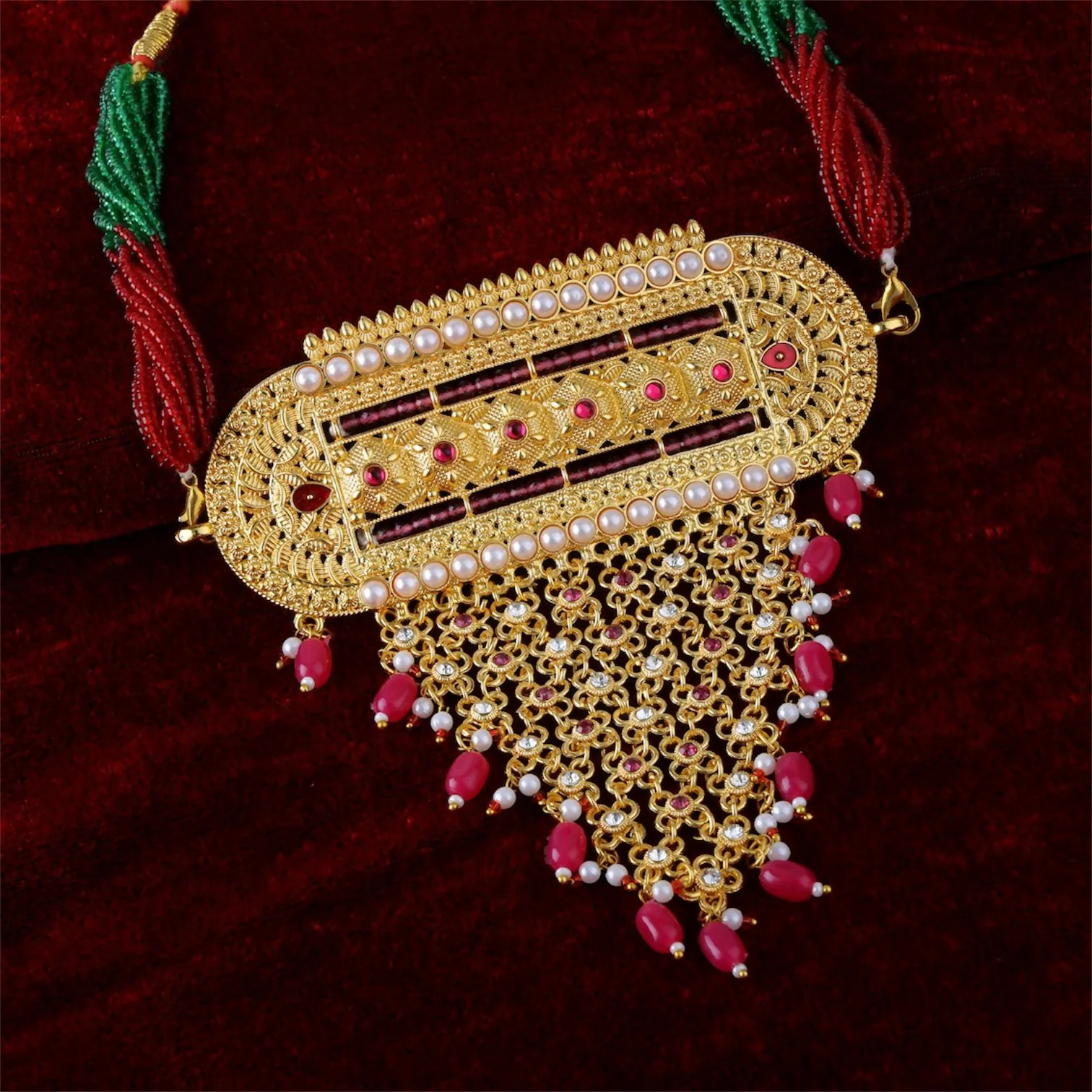Handcrafted Rajasthani Rajwadi Aad with Ruby Latkan & Pearls with Earrings - Image 3