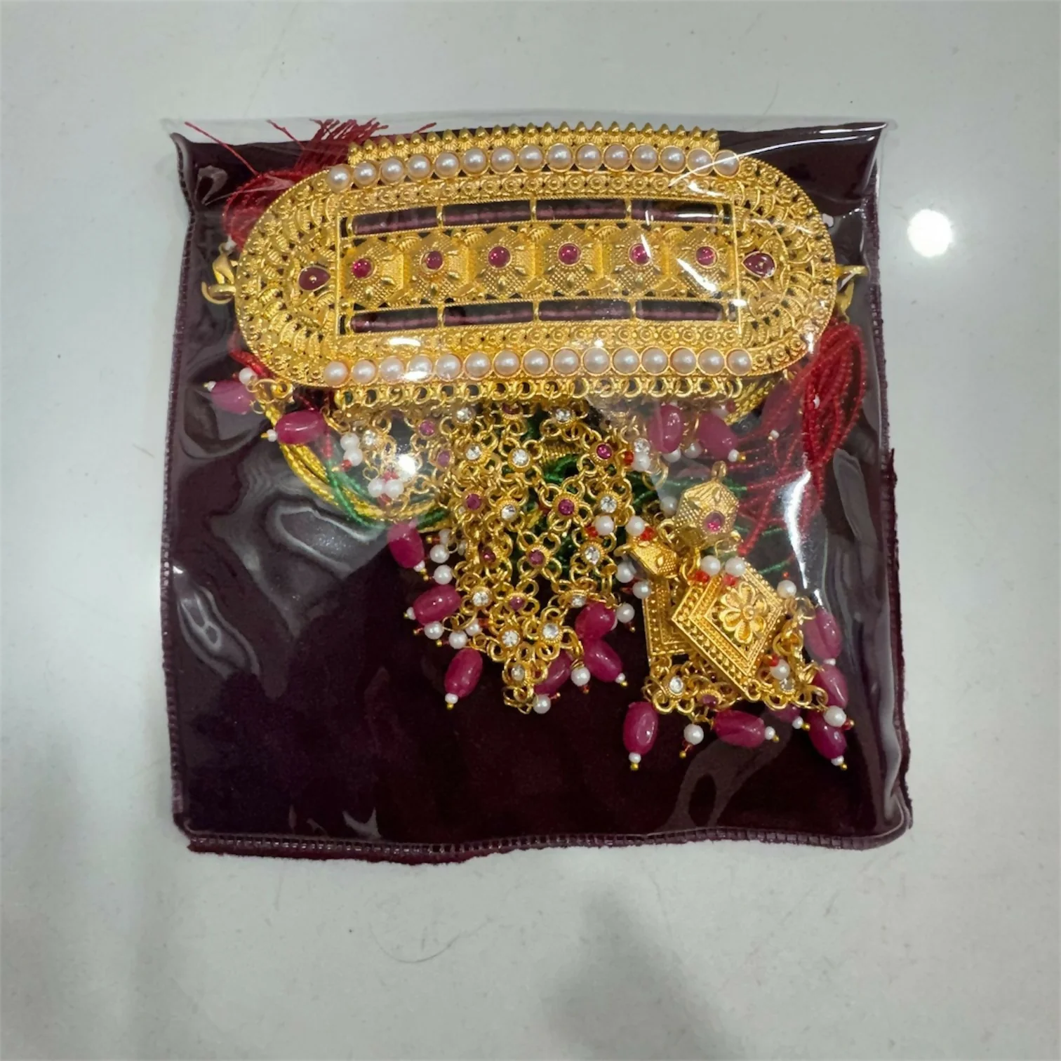 Handcrafted Rajasthani Rajwadi Aad with Ruby Latkan & Pearls with Earrings - Image 4