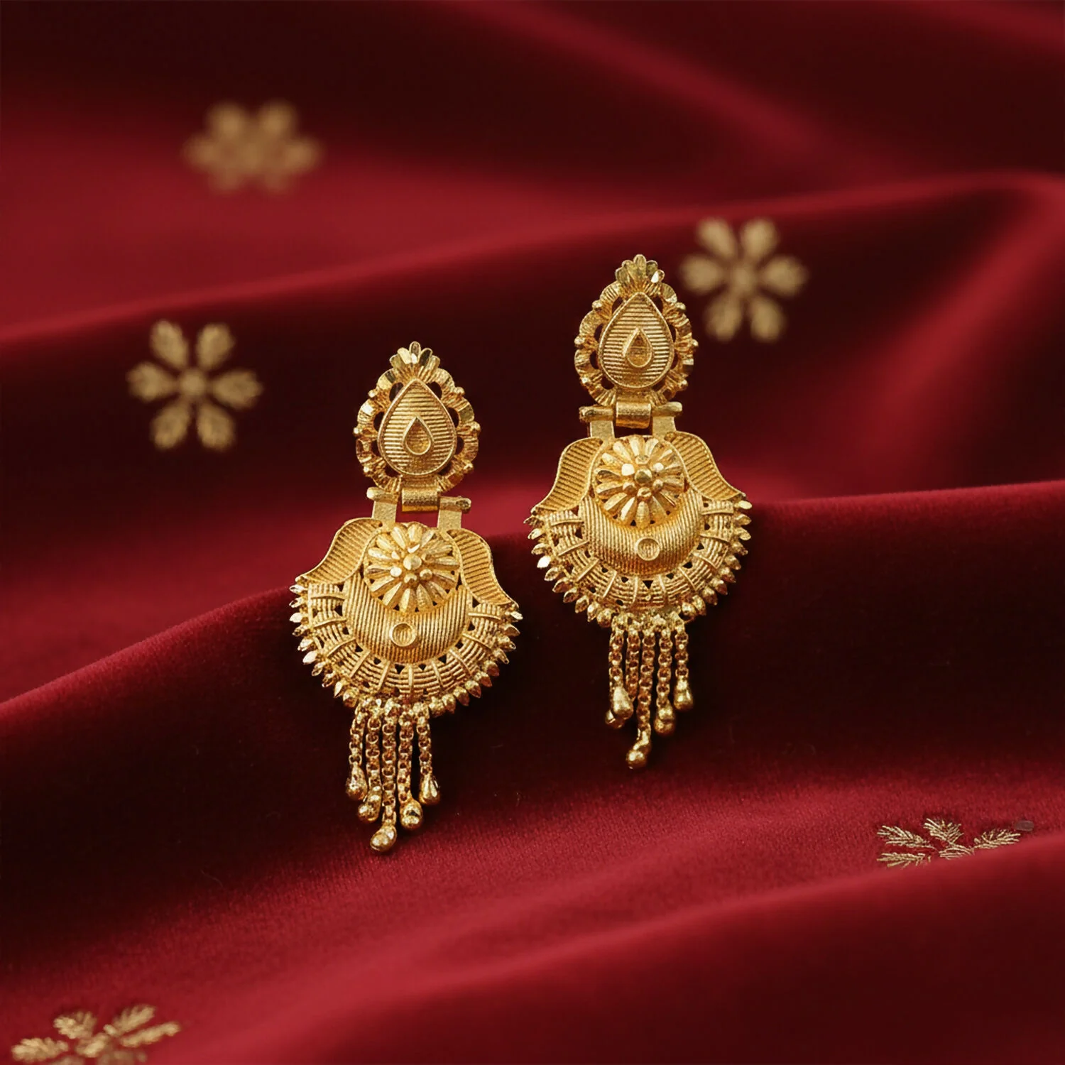 Handcrafted South Indian Heritage Gold Earrings with Intricate Leaf Motif and Classic Jhumka Dangles - Image 3