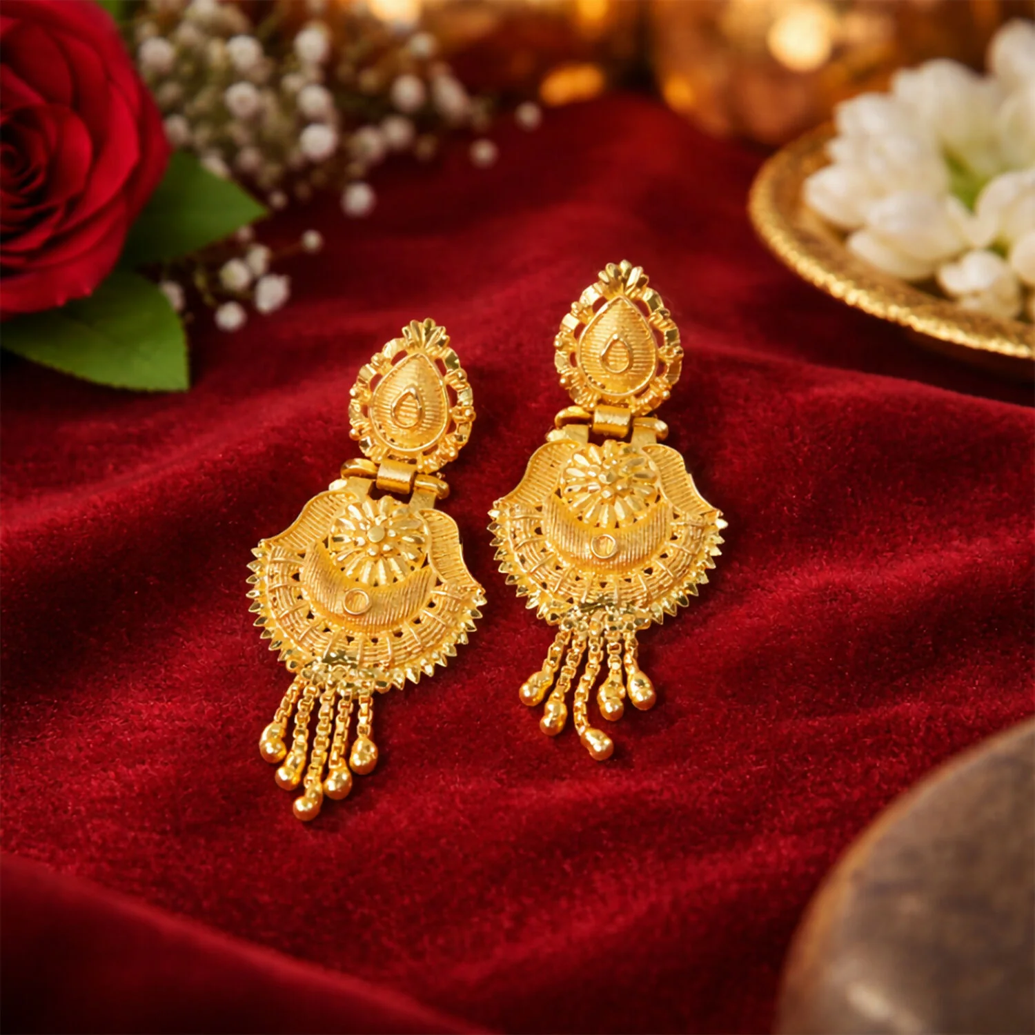 Handcrafted South Indian Heritage Gold Earrings with Intricate Leaf Motif and Classic Jhumka Dangles - Image 4