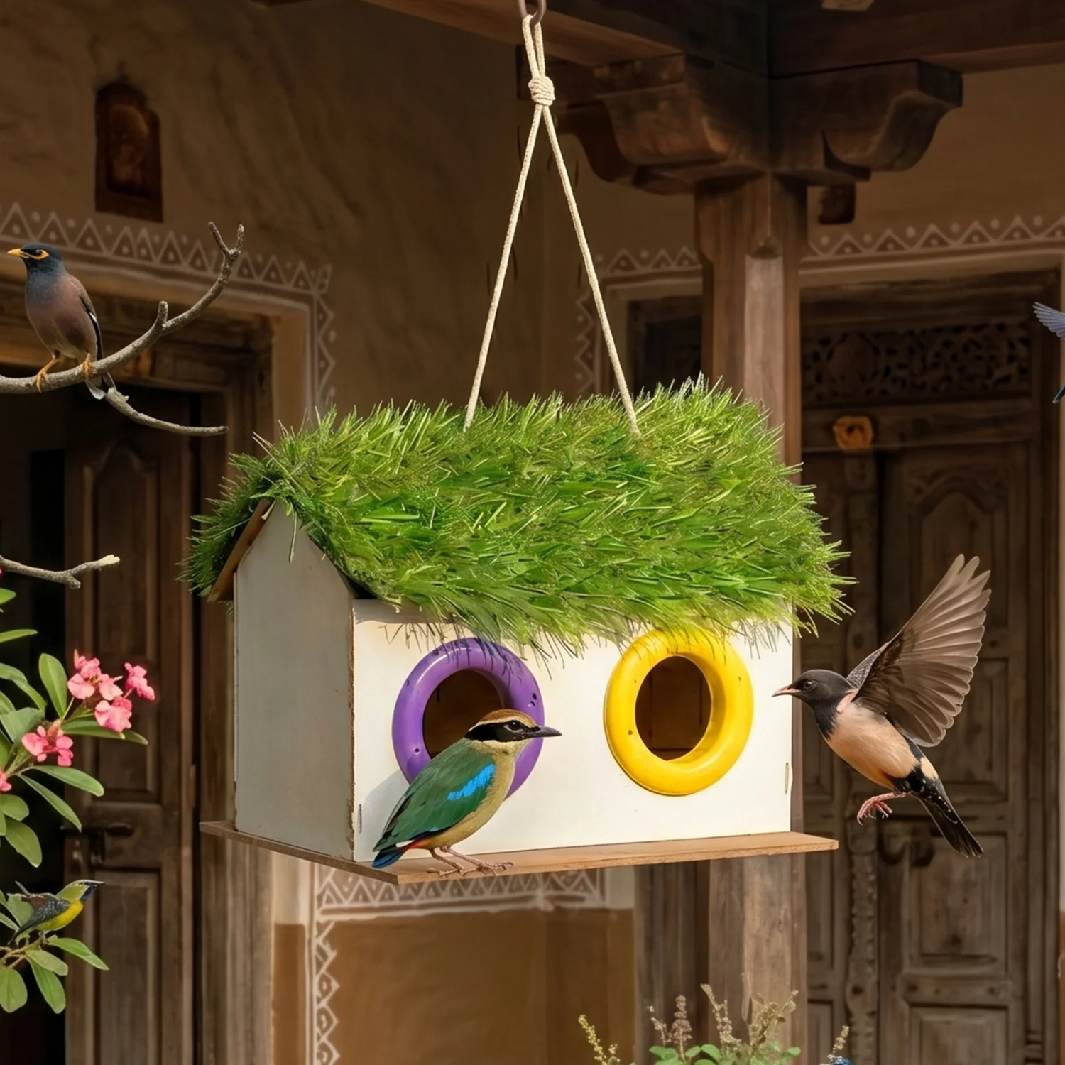 Handcrafted Wooden Bird House Hanging Nest Box with Decorative Roof for Outdoor Garden Use - Image 2