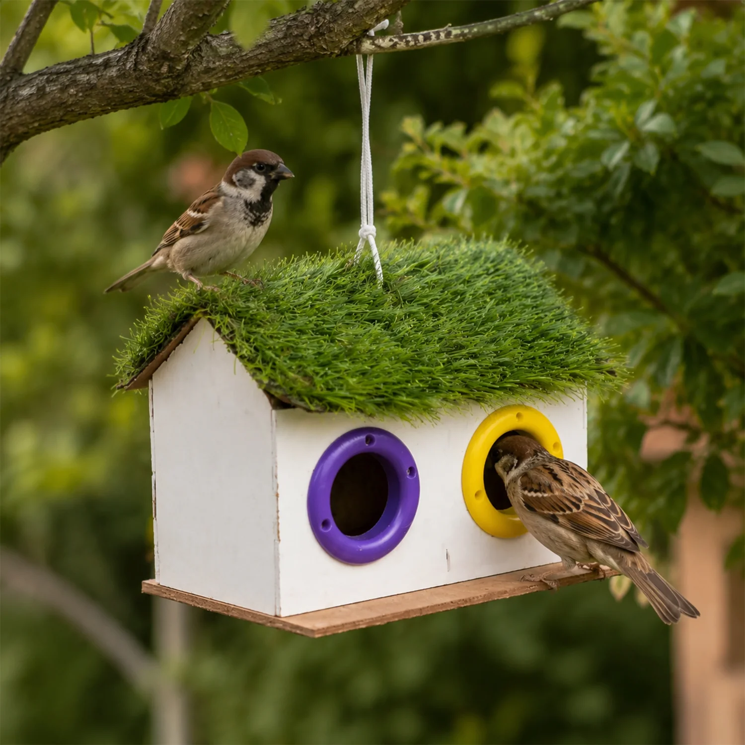 Handcrafted Wooden Bird House Hanging Nest Box with Decorative Roof for Outdoor Garden Use - Image 3