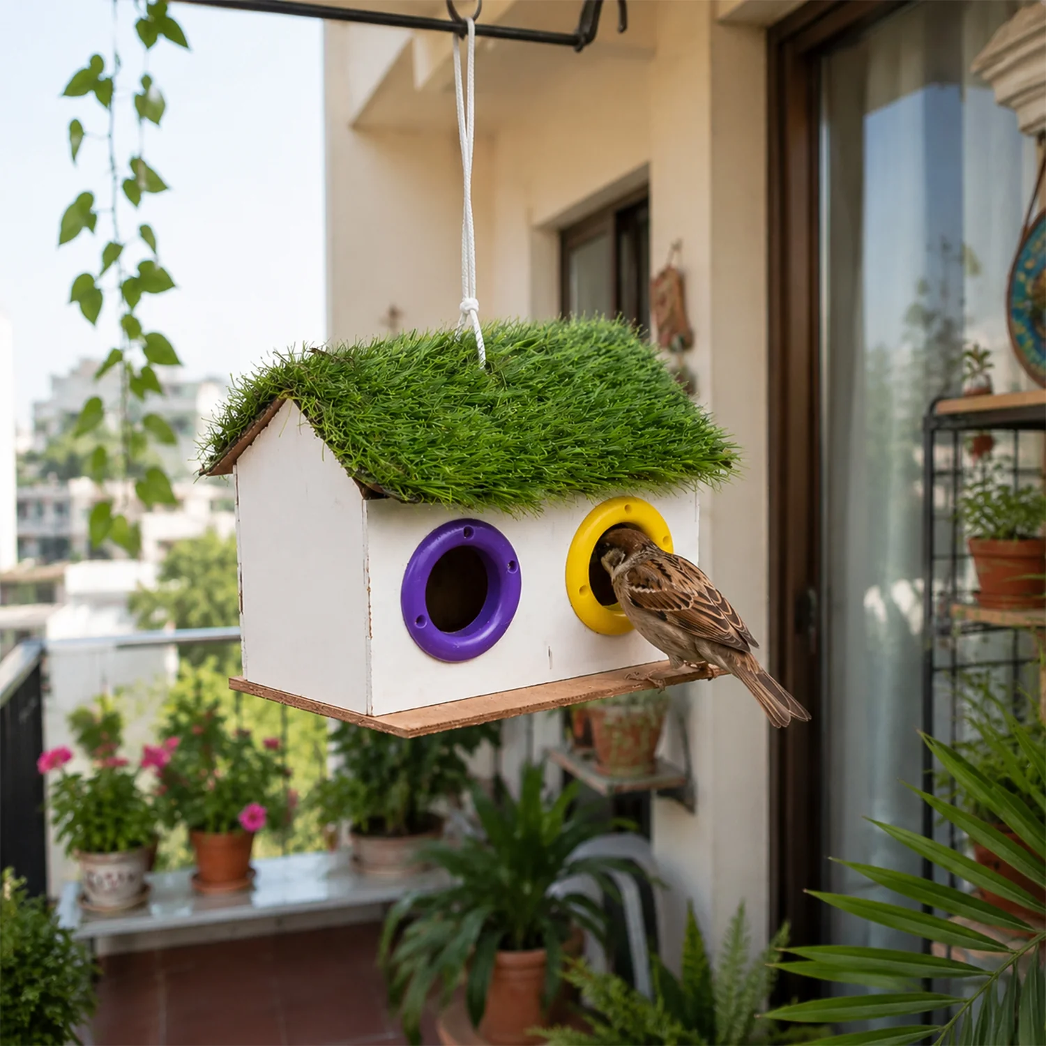 Handcrafted Wooden Bird House Hanging Nest Box with Decorative Roof for Outdoor Garden Use - Image 4