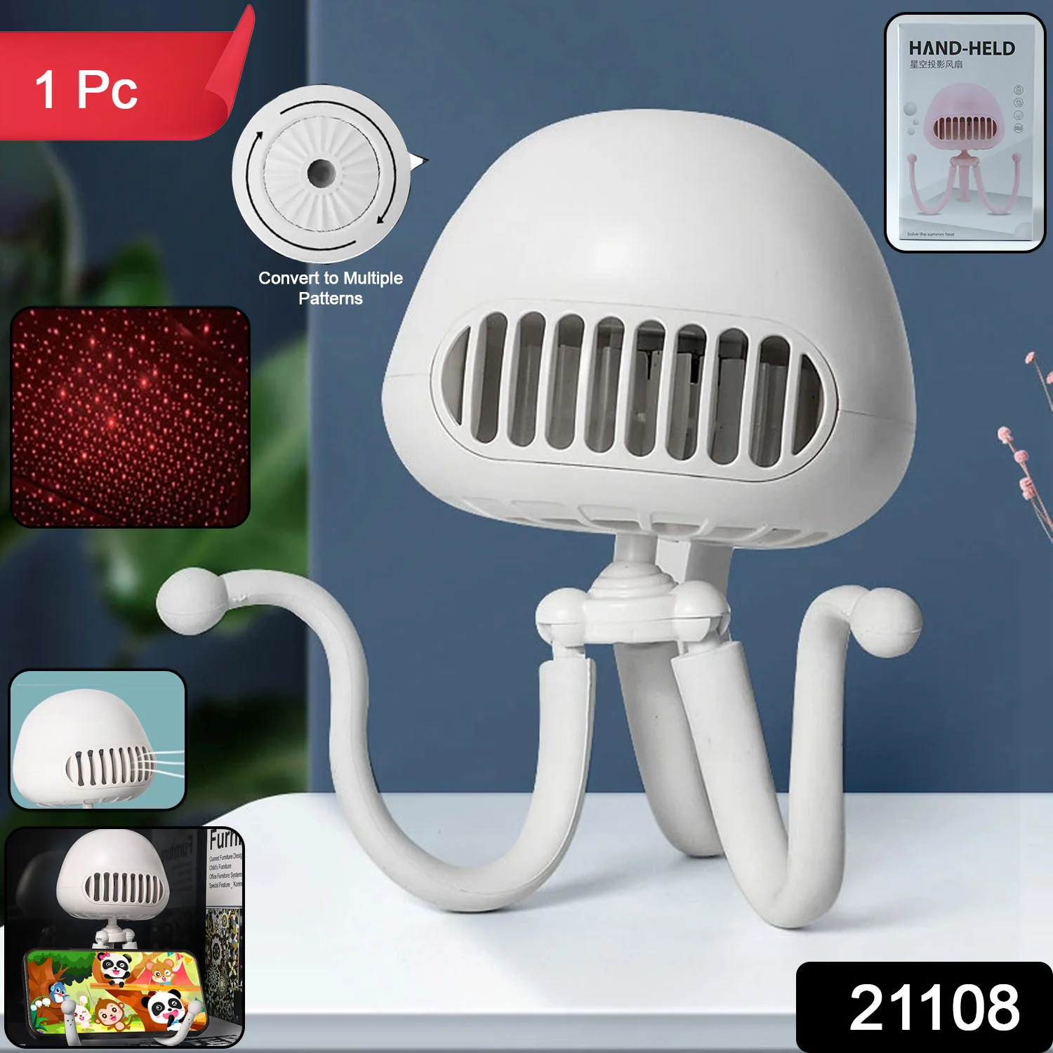 Handheld Mini Fan with LED Star Projector Flexible Tripod Stand (1 Pc) - Image 2