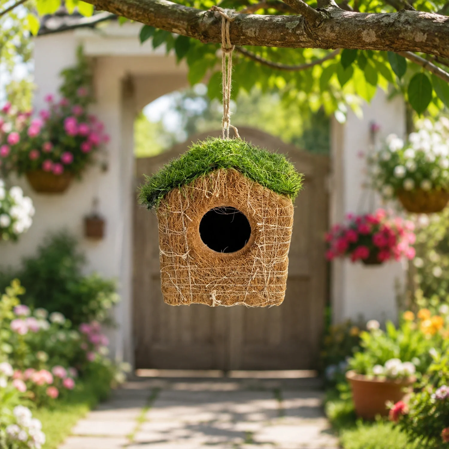 Handmade Coir Bird House with Grass Roof for Outdoor & Garden - Image 2