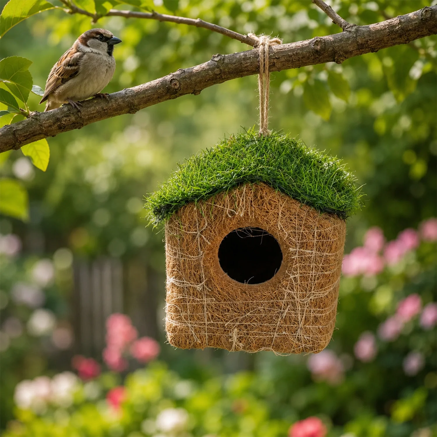 Handmade Coir Bird House with Grass Roof for Outdoor & Garden - Image 3