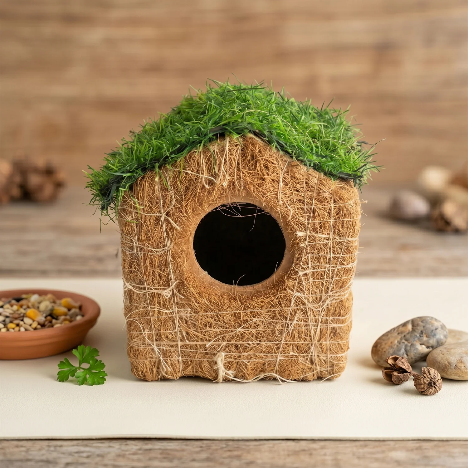 Handmade Coir Bird House with Grass Roof for Outdoor & Garden - Image 4