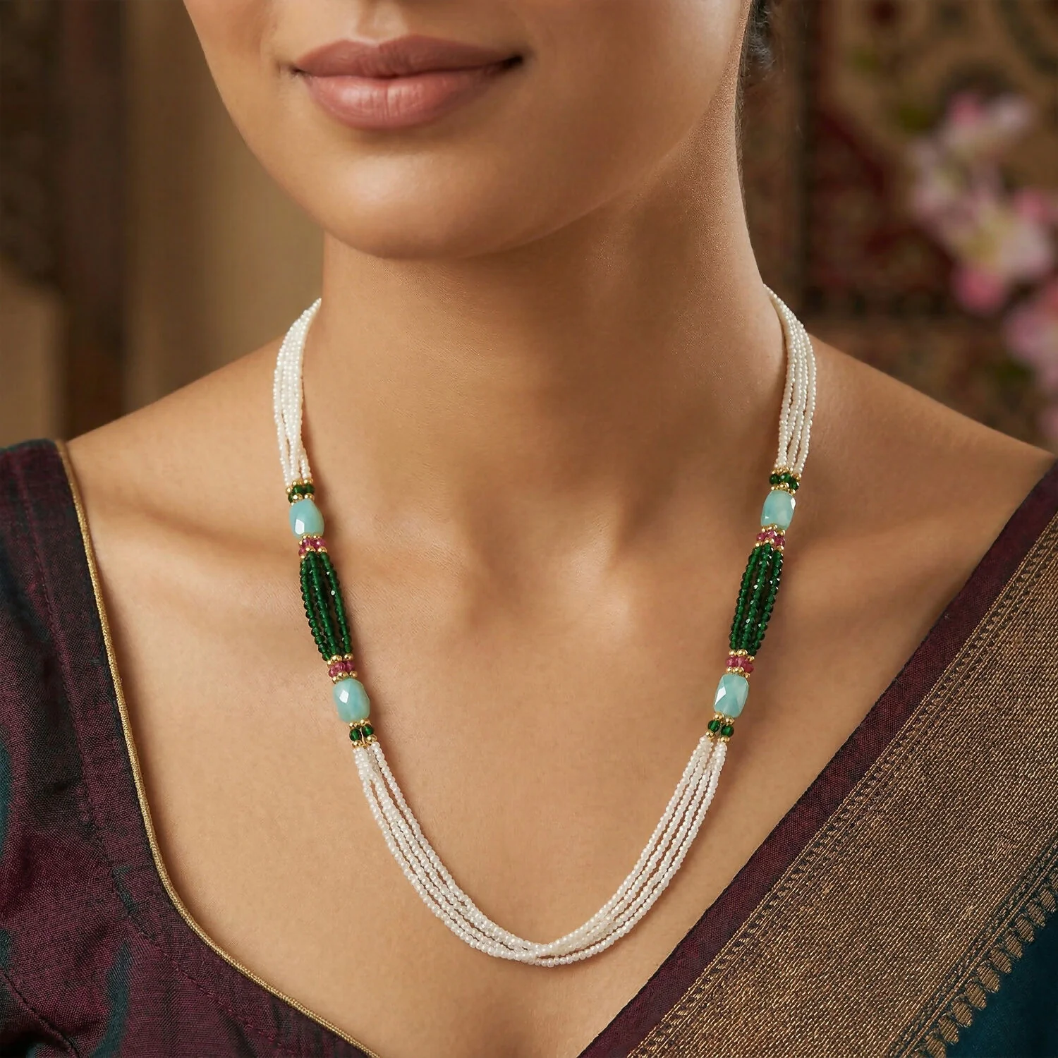 Handmade Layered Pearl Mala Necklace with Green Beads Aqua Accent Ethnic Style - Image 2
