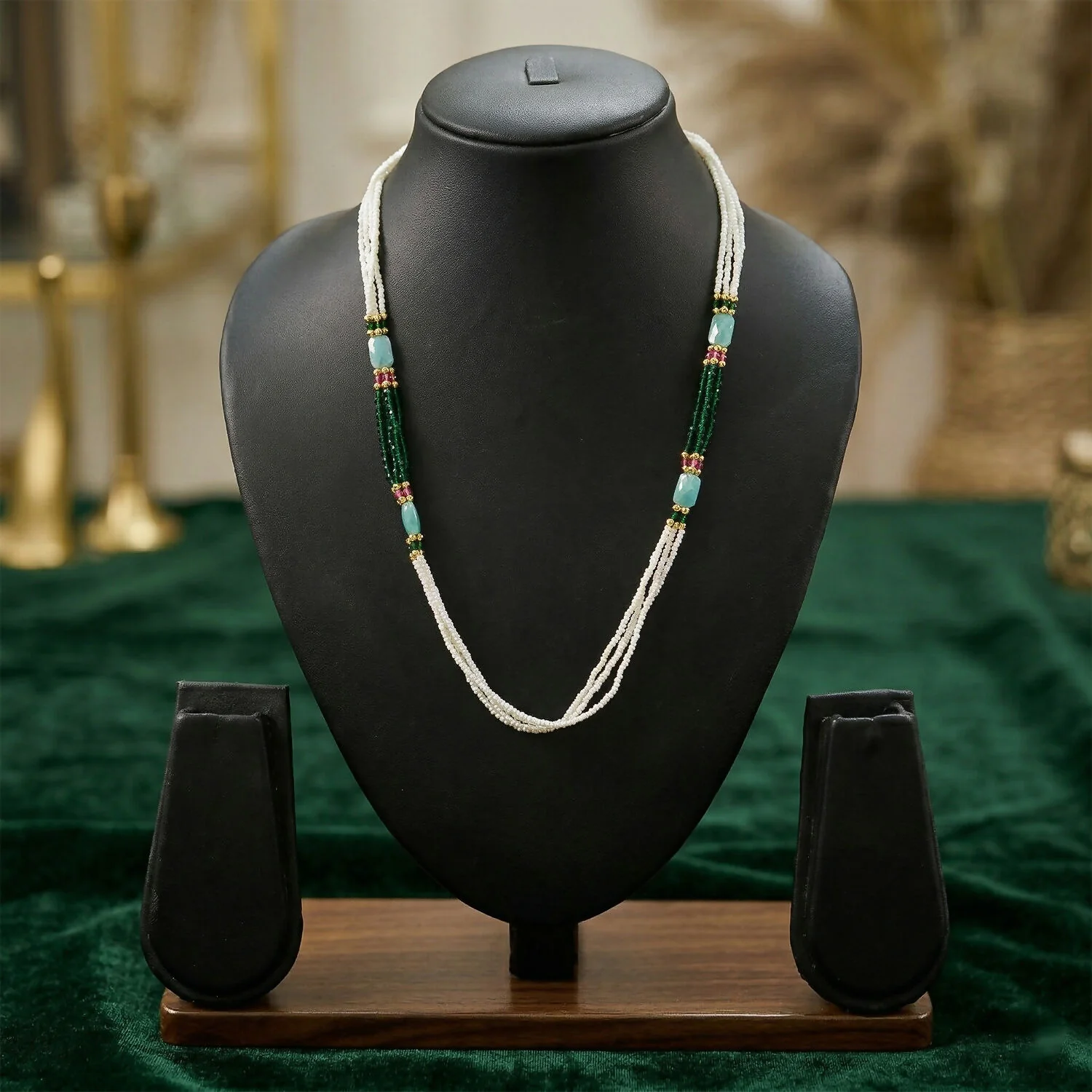 Handmade Layered Pearl Mala Necklace with Green Beads Aqua Accent Ethnic Style - Image 3