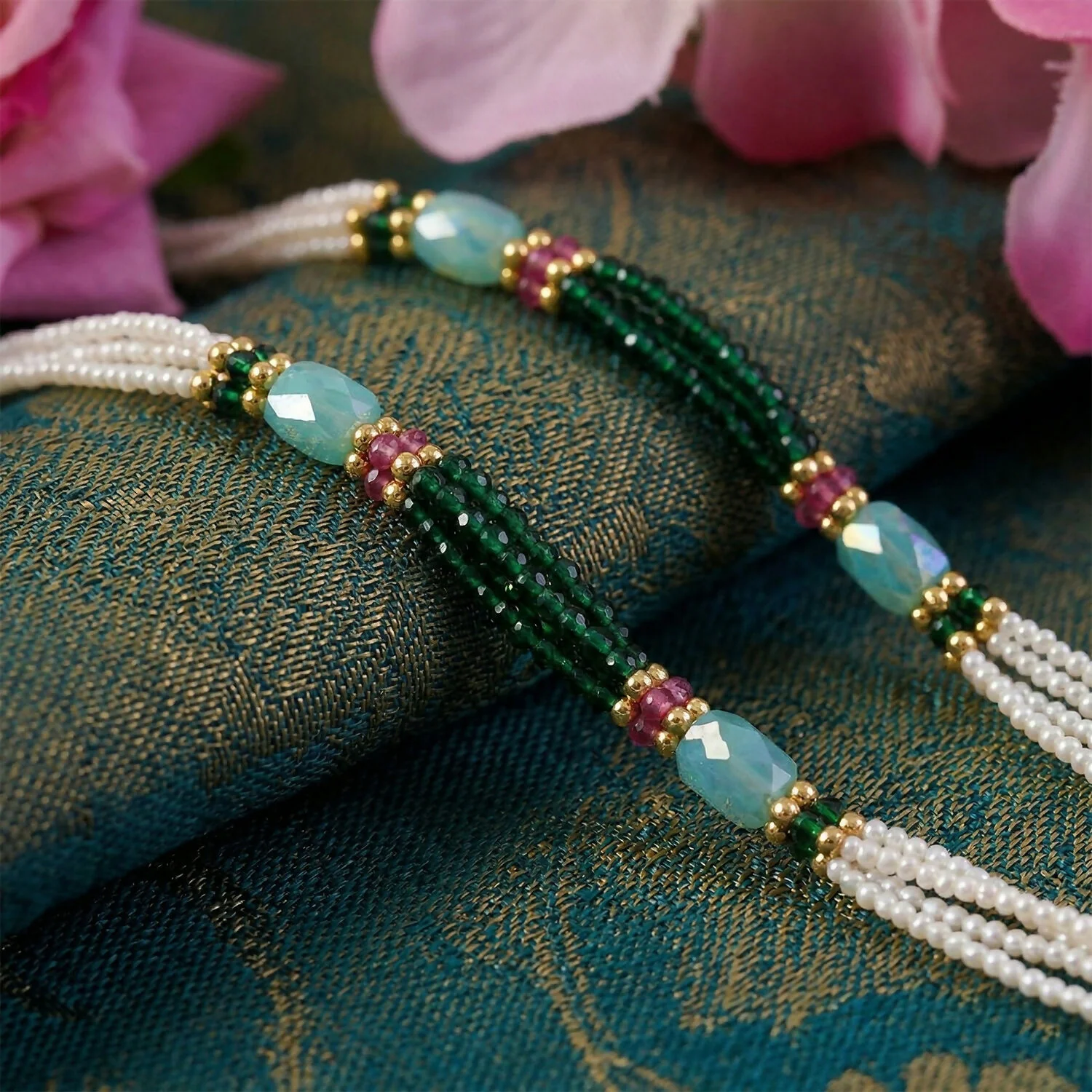 Handmade Layered Pearl Mala Necklace with Green Beads Aqua Accent Ethnic Style - Image 4