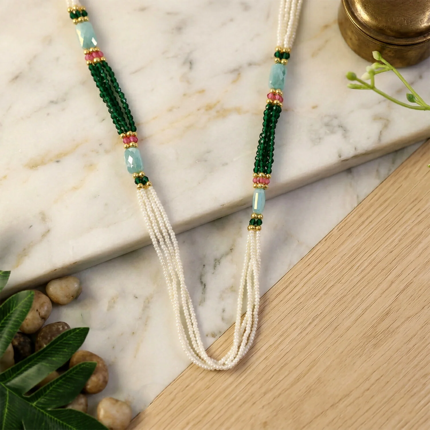 Handmade Layered Pearl Mala Necklace with Green Beads Aqua Accent Ethnic Style - Image 5