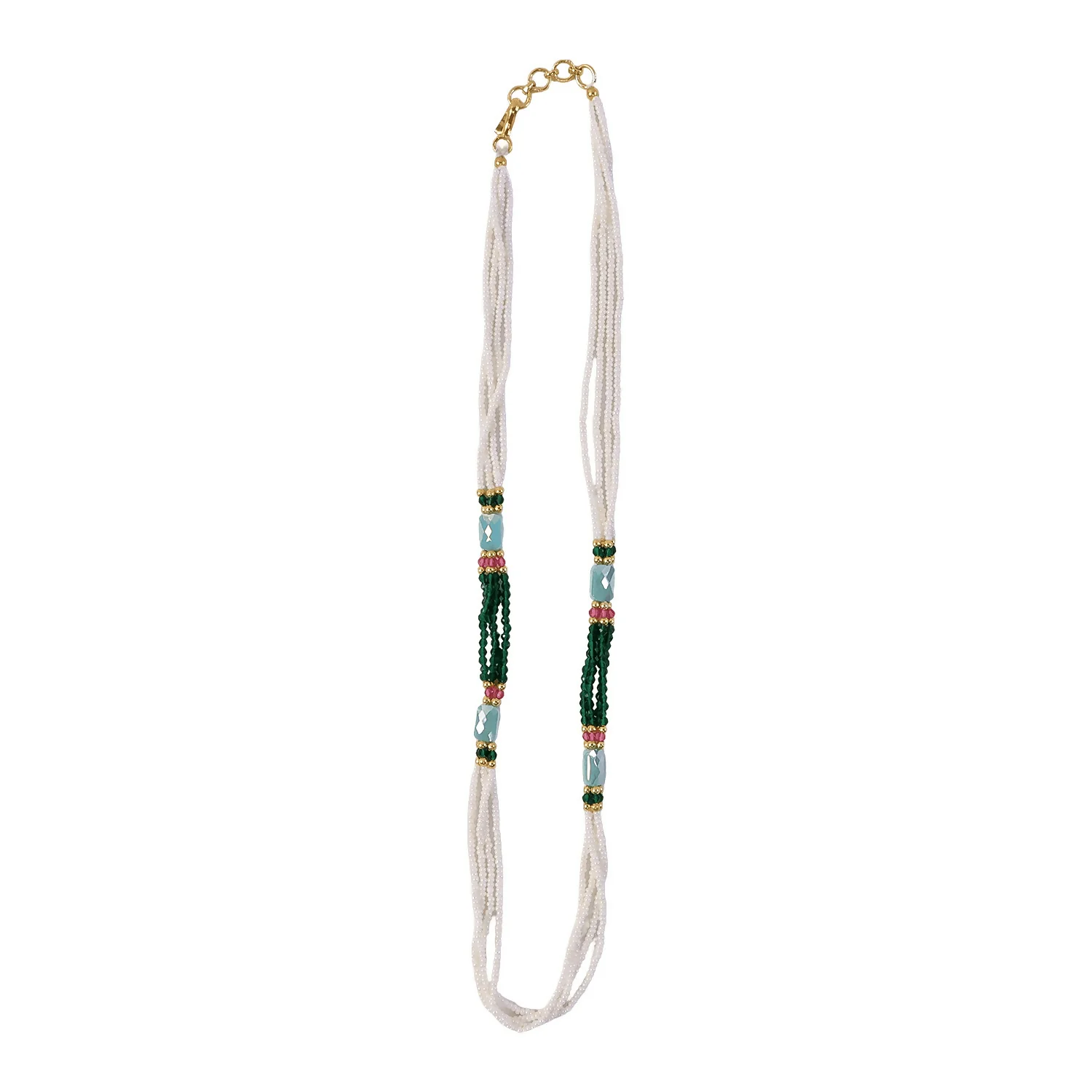 Handmade Layered Pearl Mala Necklace with Green Beads Aqua Accent Ethnic Style - Image 6