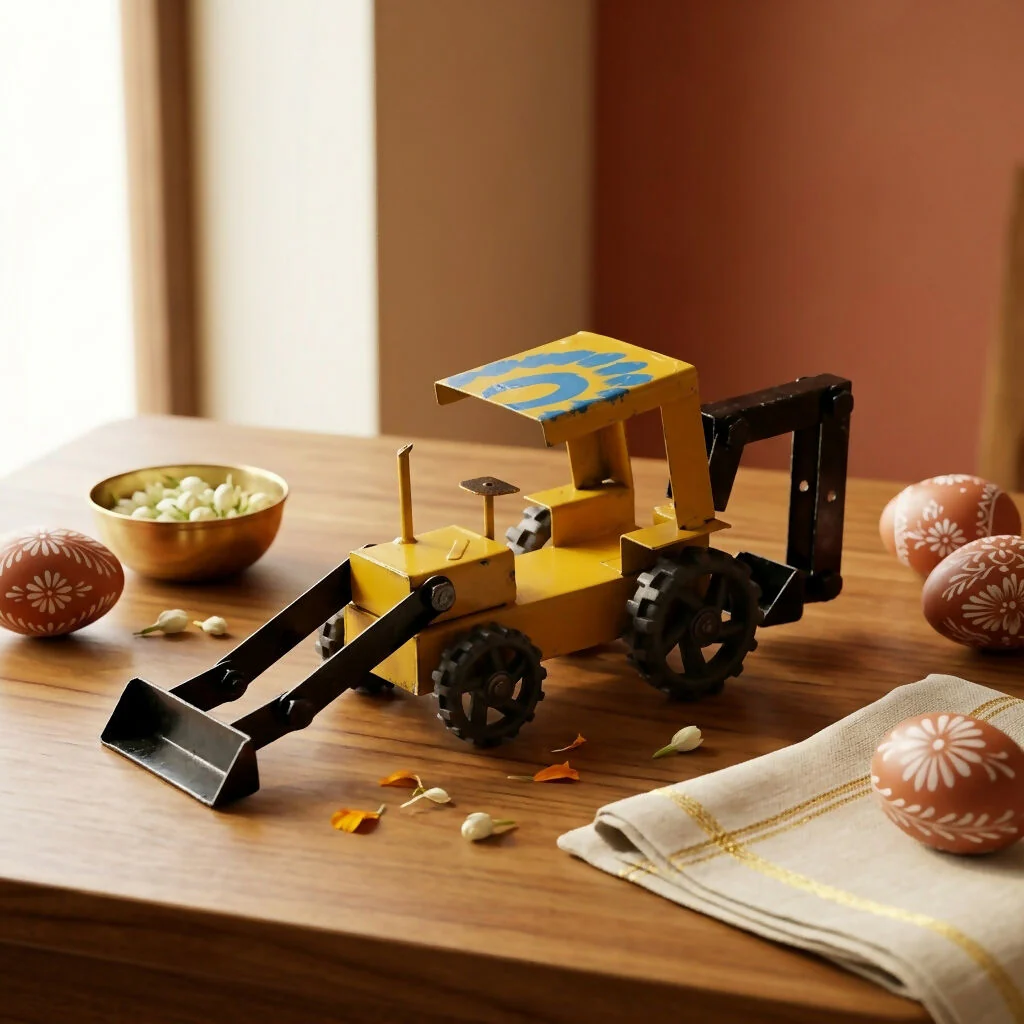 Handmade Metal JCB Toy – Vintage Yellow Construction Excavator Model - Image 2