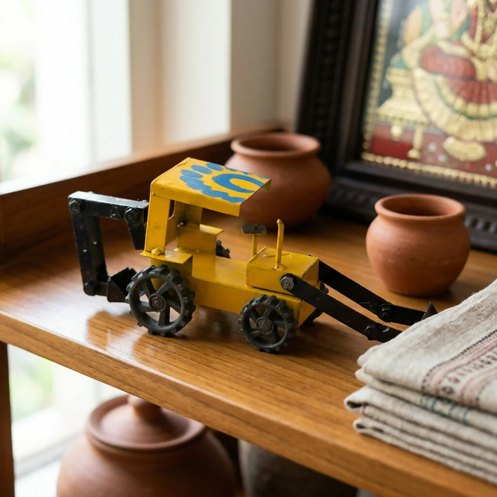 Handmade Metal JCB Toy – Vintage Yellow Construction Excavator Model - Image 3