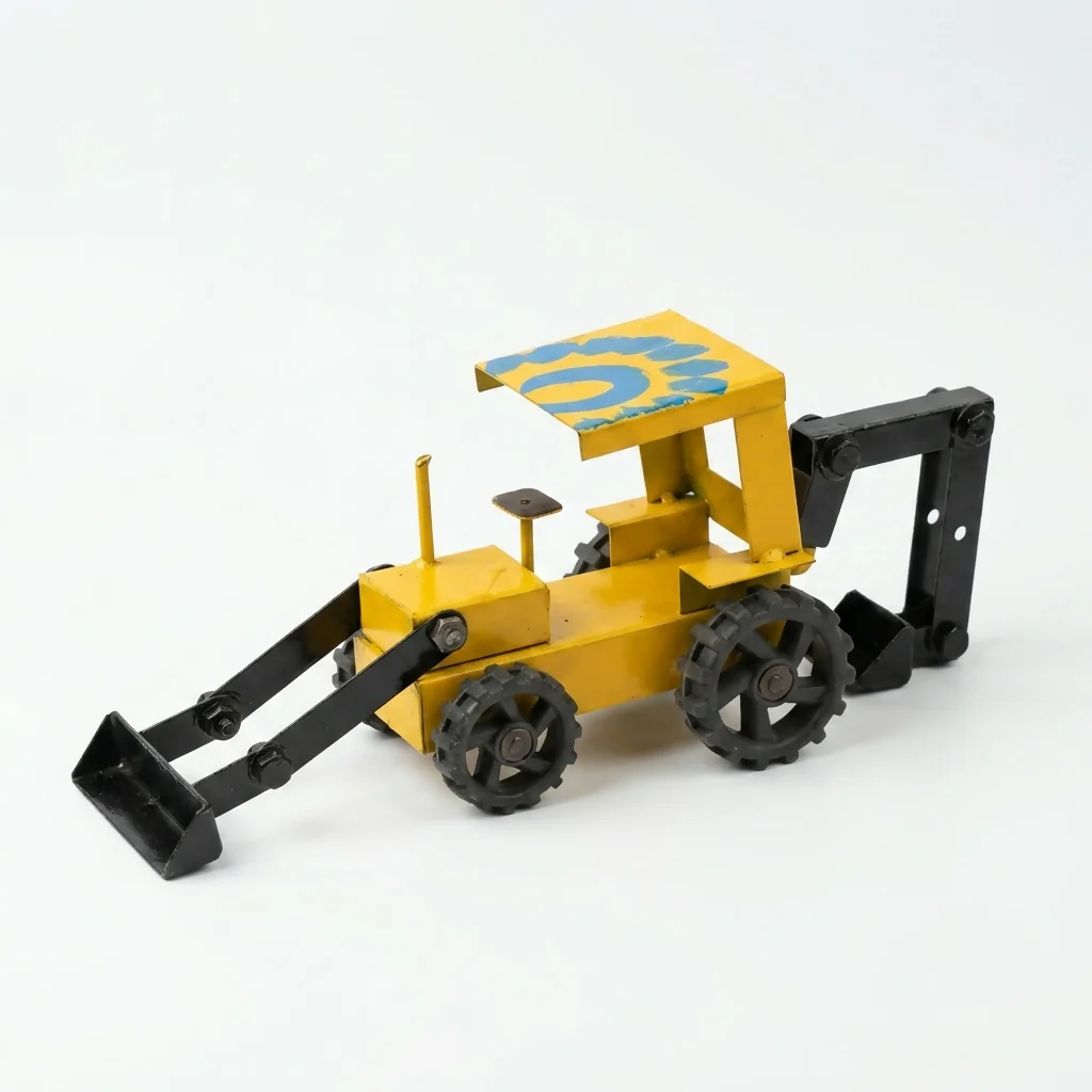 Handmade Metal JCB Toy – Vintage Yellow Construction Excavator Model - Image 4