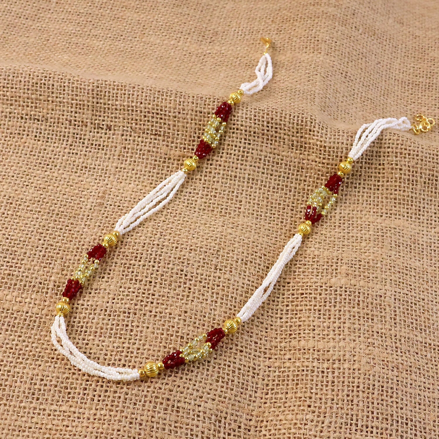 Handmade Multi Strand Pearl Beaded Mala Necklace Red Gold Ethnic Jewelry for Women - Image 2