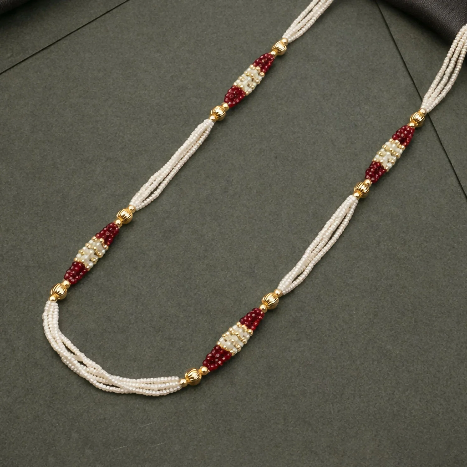 Handmade Multi Strand Pearl Beaded Mala Necklace Red Gold Ethnic Jewelry for Women - Image 3