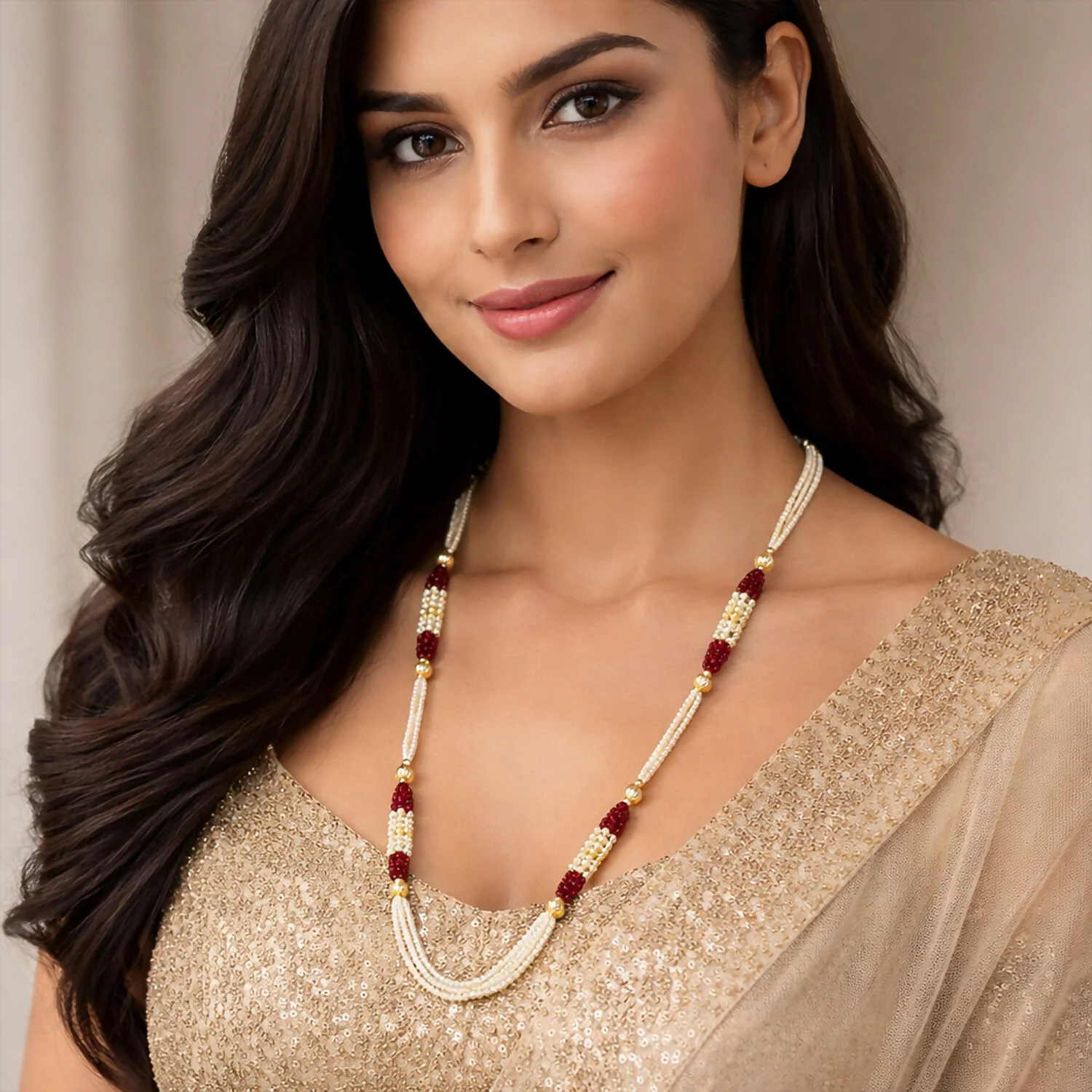 Handmade Multi Strand Pearl Beaded Mala Necklace Red Gold Ethnic Jewelry for Women - Image 4