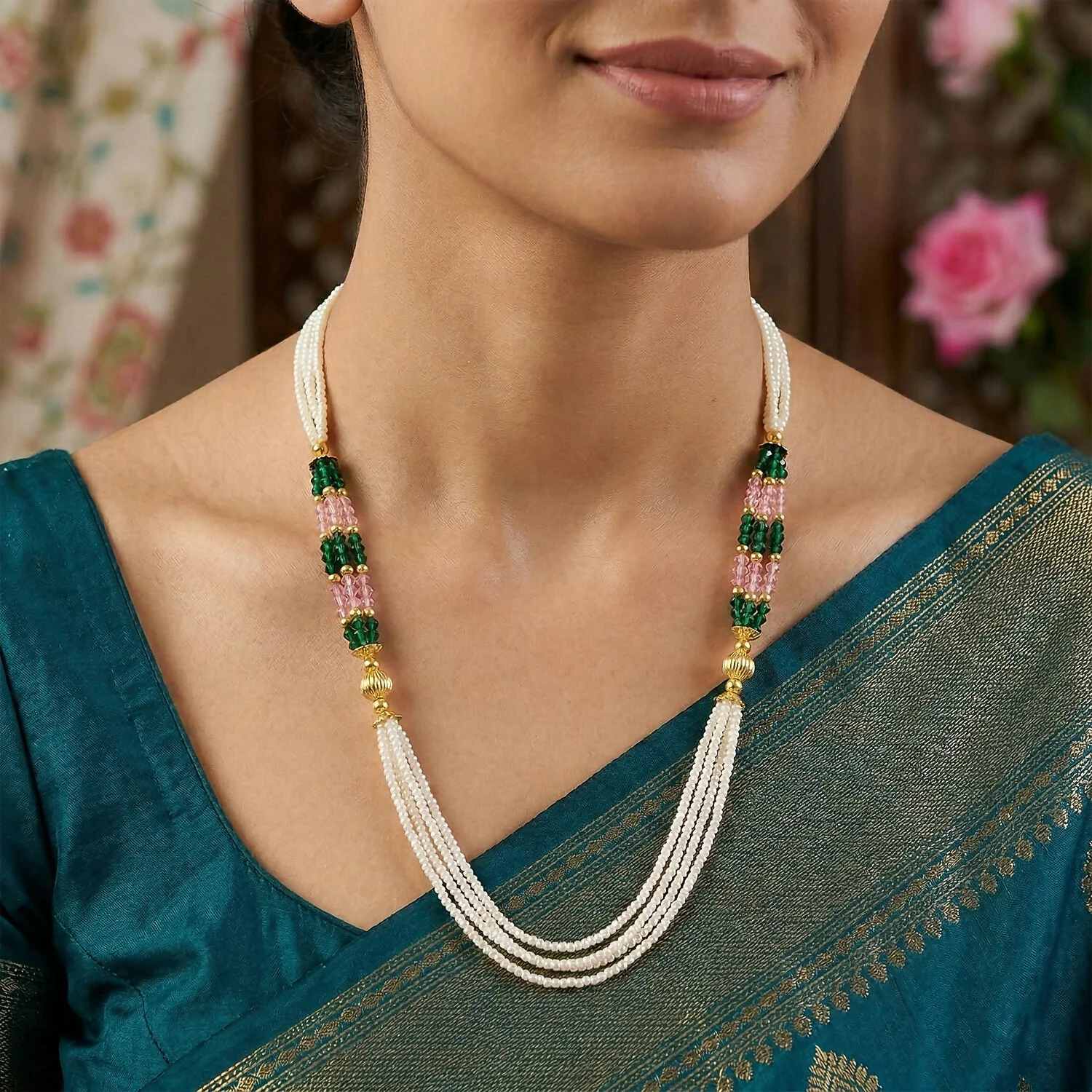 Handmade Multi Strand Pearl Mala Necklace with Green Pink Beads Ethnic Jewelry - Image 2