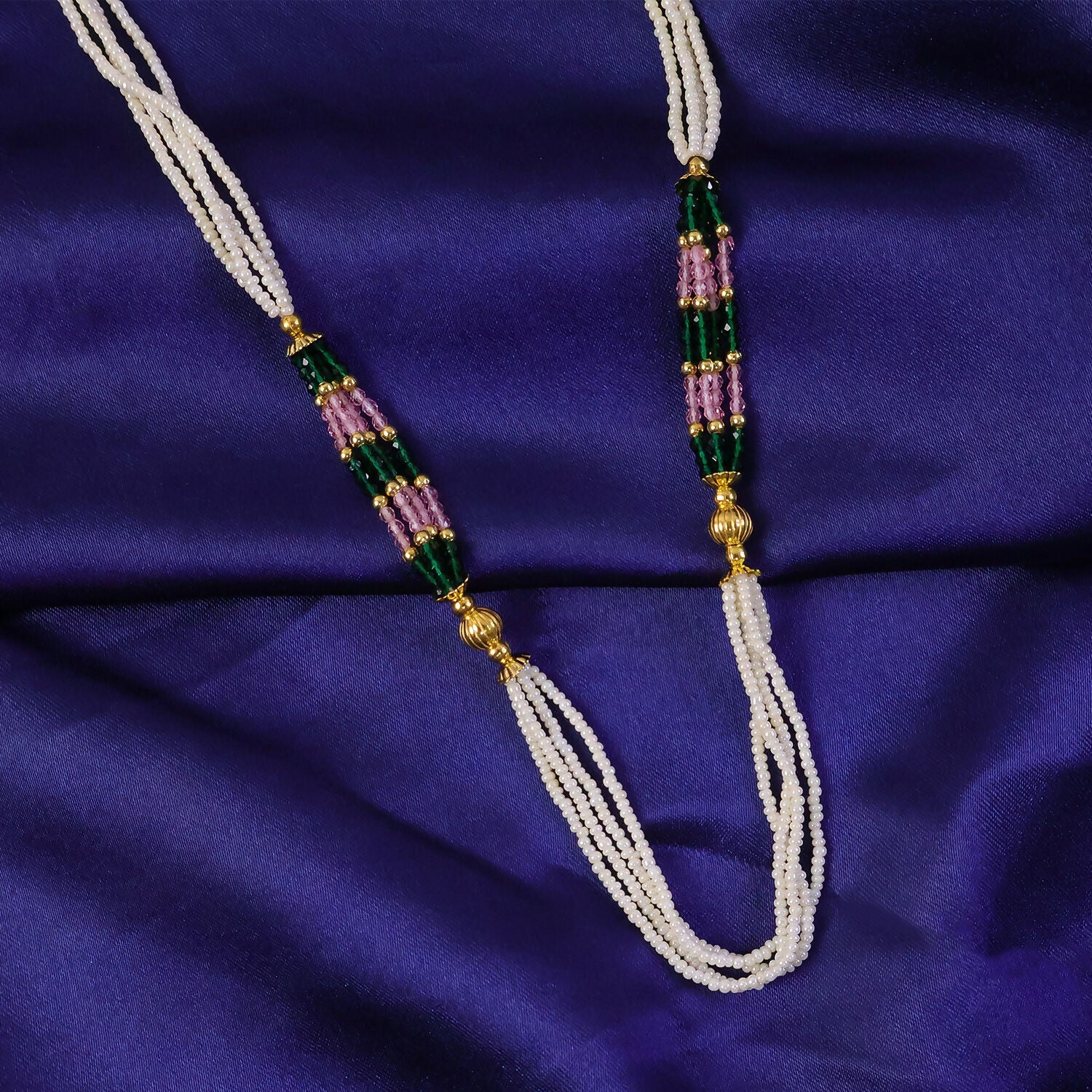 Handmade Multi Strand Pearl Mala Necklace with Green Pink Beads Ethnic Jewelry - Image 3