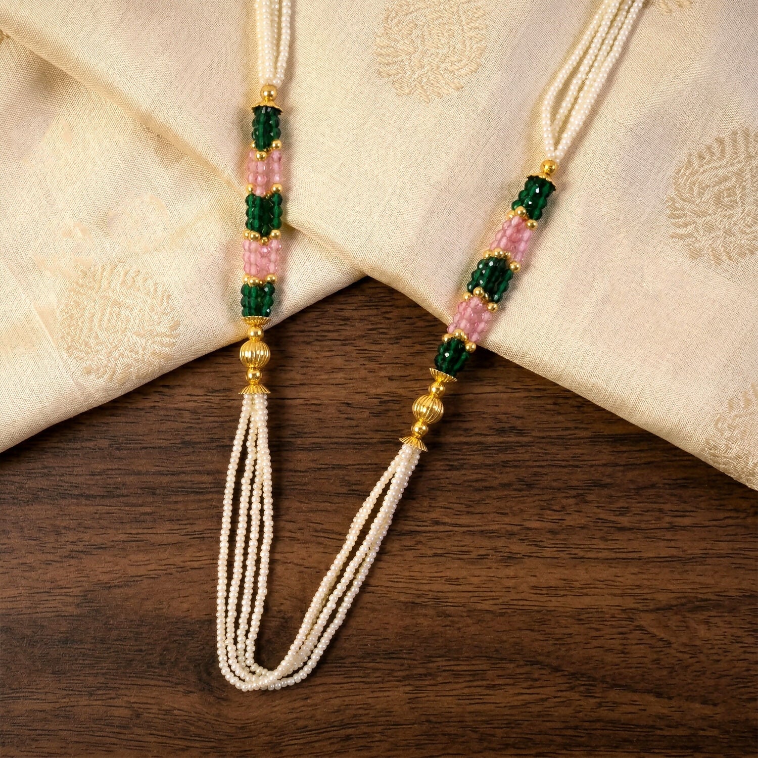 Handmade Multi Strand Pearl Mala Necklace with Green Pink Beads Ethnic Jewelry - Image 4