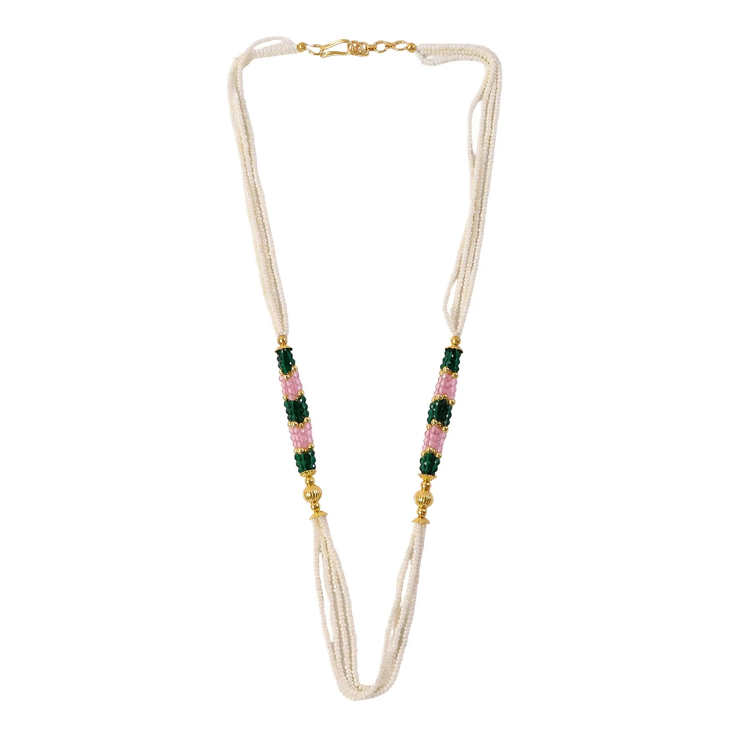 Handmade Multi Strand Pearl Mala Necklace with Green Pink Beads Ethnic Jewelry - Image 5