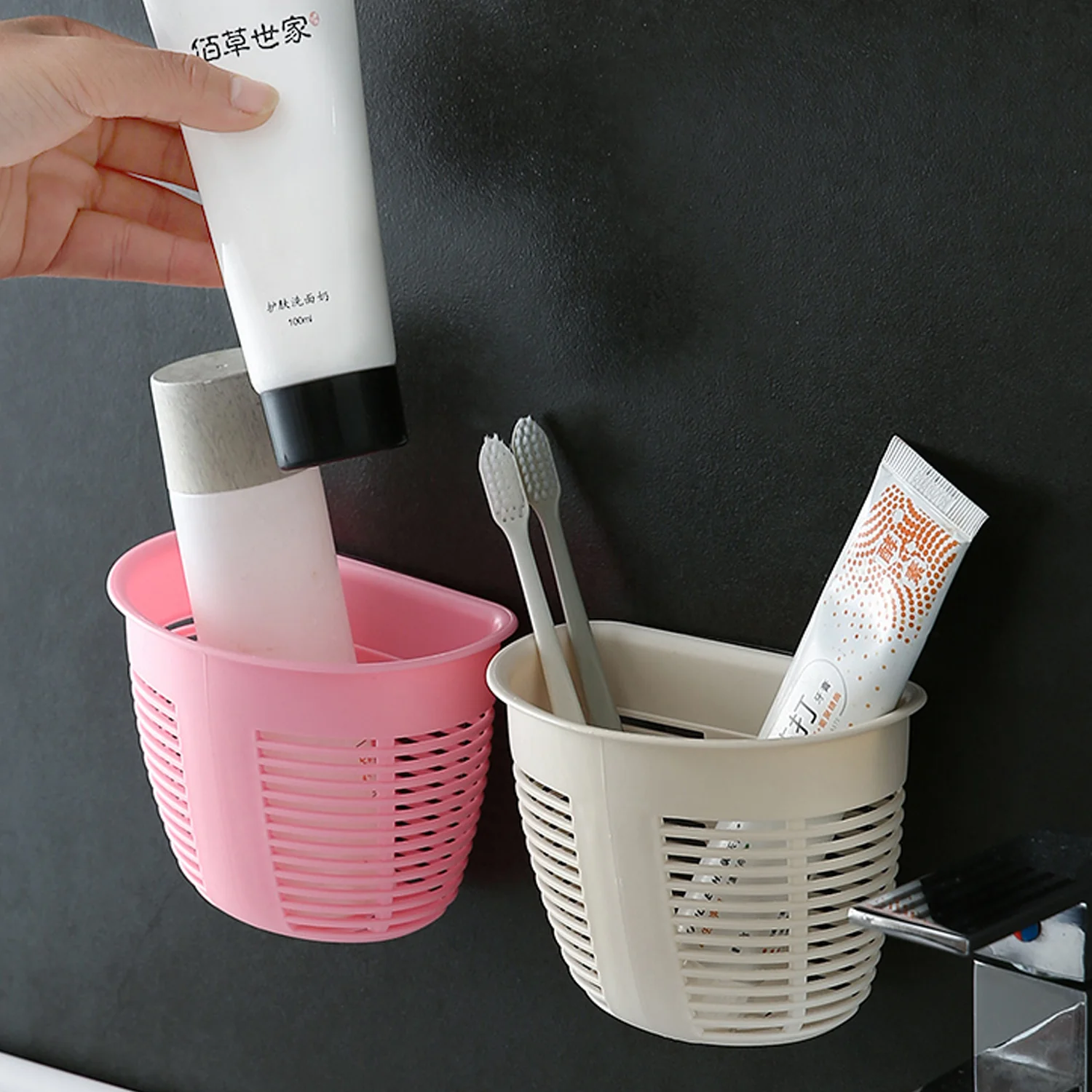 Hanging Plastic Storage Basket, Adhesive Wall Mounted Organizer Box Make Up Holder Shelf Bathroom Wall Basket Punch Free Drain Basket for Kitchen Bathroom, Wall Type Storage Basket (1 Pc) - Image 3