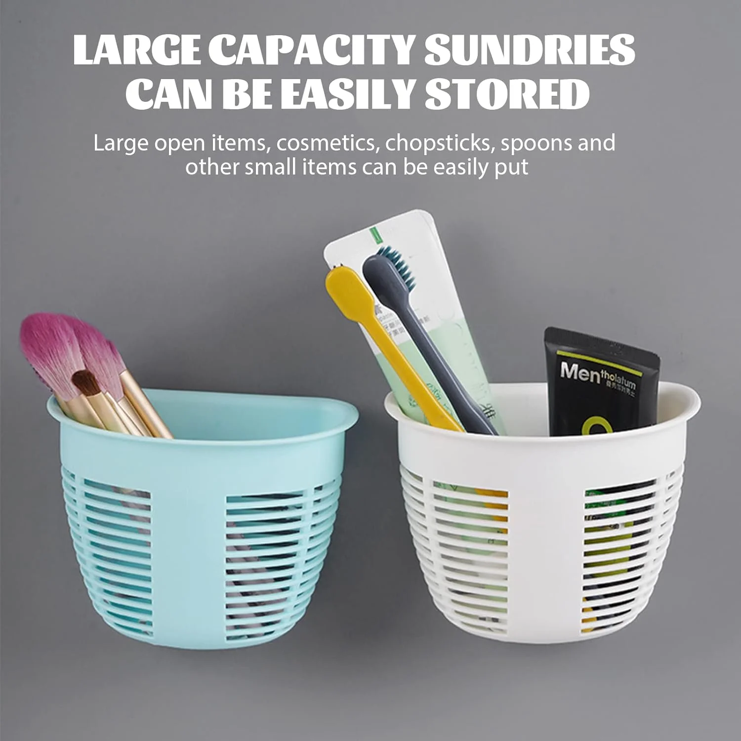 Hanging Plastic Storage Basket, Adhesive Wall Mounted Organizer Box Make Up Holder Shelf Bathroom Wall Basket Punch Free Drain Basket for Kitchen Bathroom, Wall Type Storage Basket (1 Pc) - Image 4