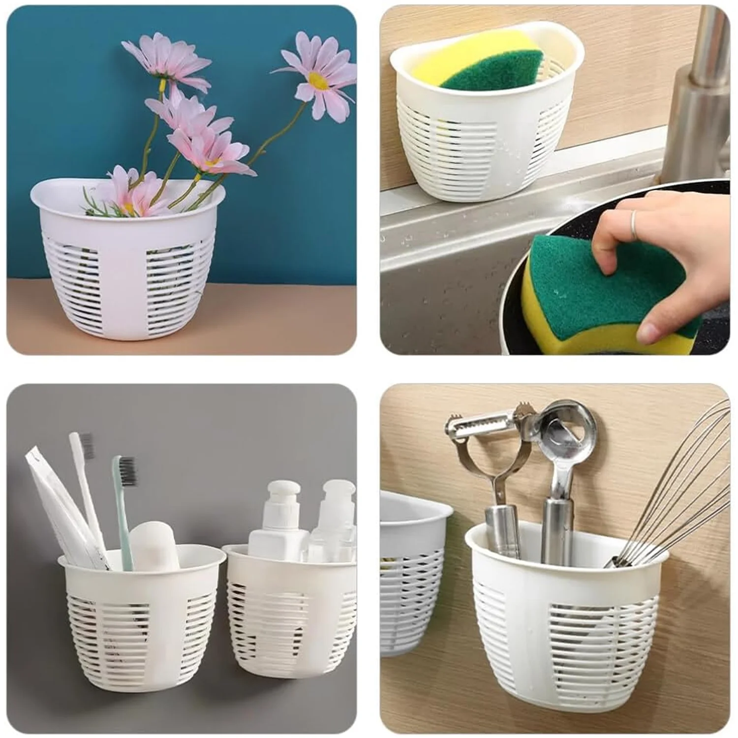 Hanging Plastic Storage Basket, Adhesive Wall Mounted Organizer Box Make Up Holder Shelf Bathroom Wall Basket Punch Free Drain Basket for Kitchen Bathroom, Wall Type Storage Basket (1 Pc) - Image 6