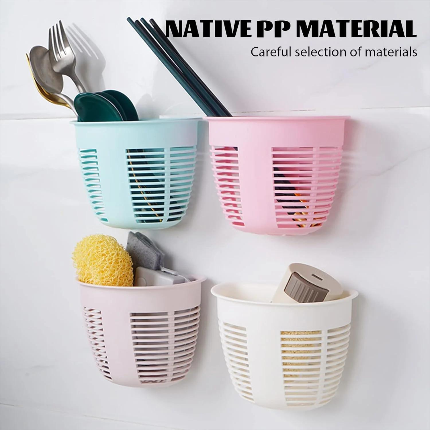 Hanging Plastic Storage Basket, Adhesive Wall Mounted Organizer Box Make Up Holder Shelf Bathroom Wall Basket Punch Free Drain Basket for Kitchen Bathroom, Wall Type Storage Basket (1 Pc) - Image 7