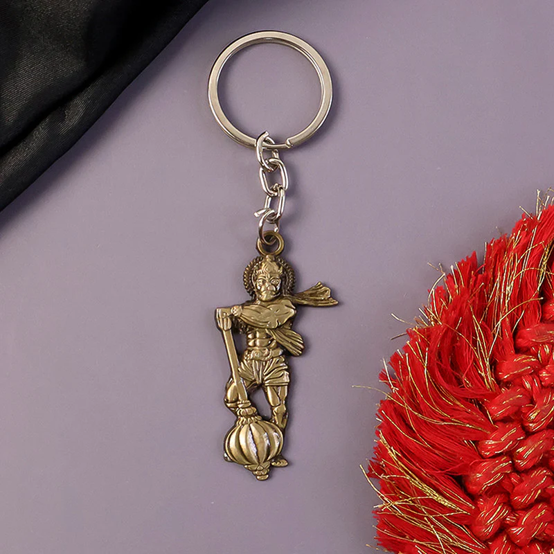 Hanuman Ji With Gada Religious Keychain – Antique Finish Devotional Key Ring