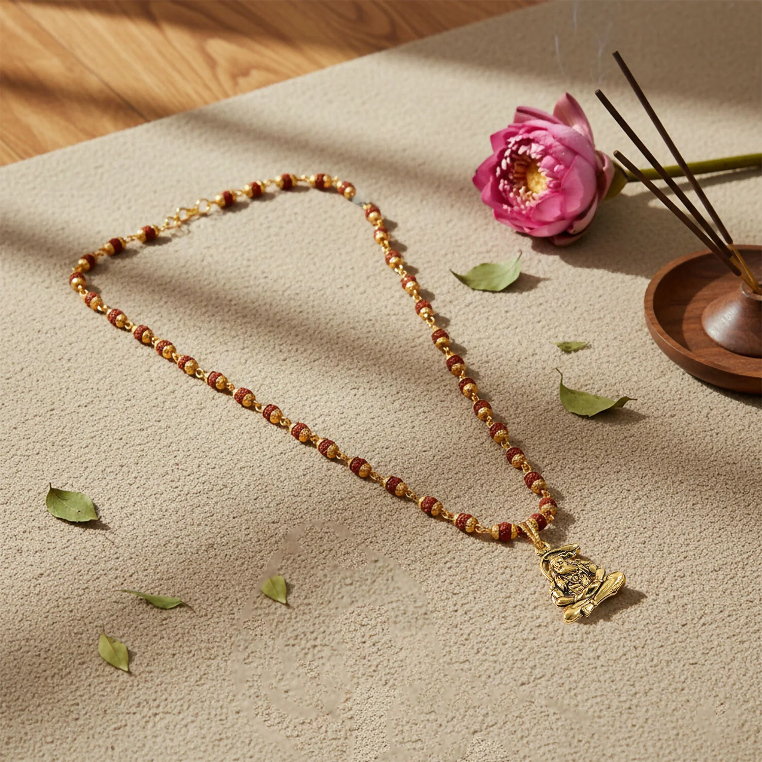 Hanuman Pendant Gold Plated & Rudraksha Bead Mala - Image 4