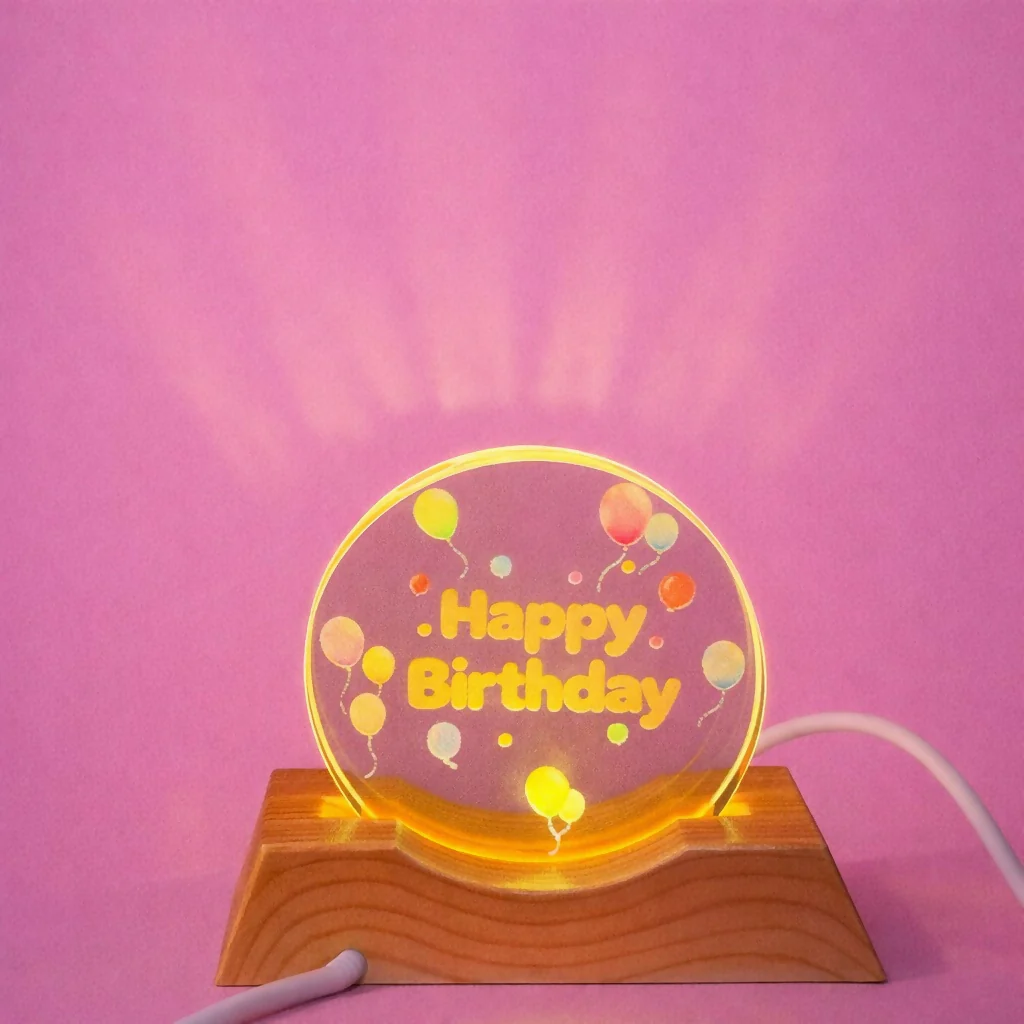 Happy Birthday Acrylic LED Lamp with Wooden Base Balloon Party Gift - Image 2