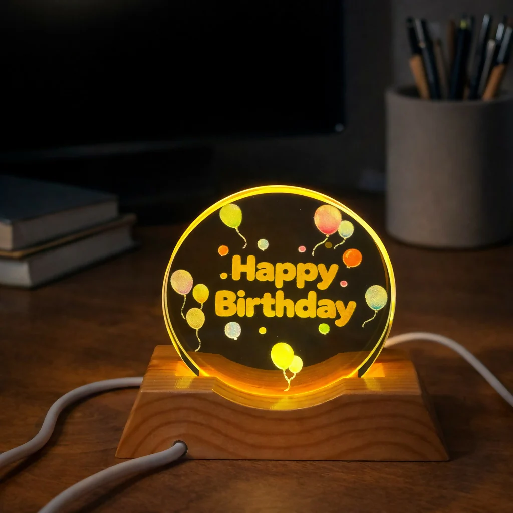 Happy Birthday Acrylic LED Lamp with Wooden Base Balloon Party Gift - Image 3