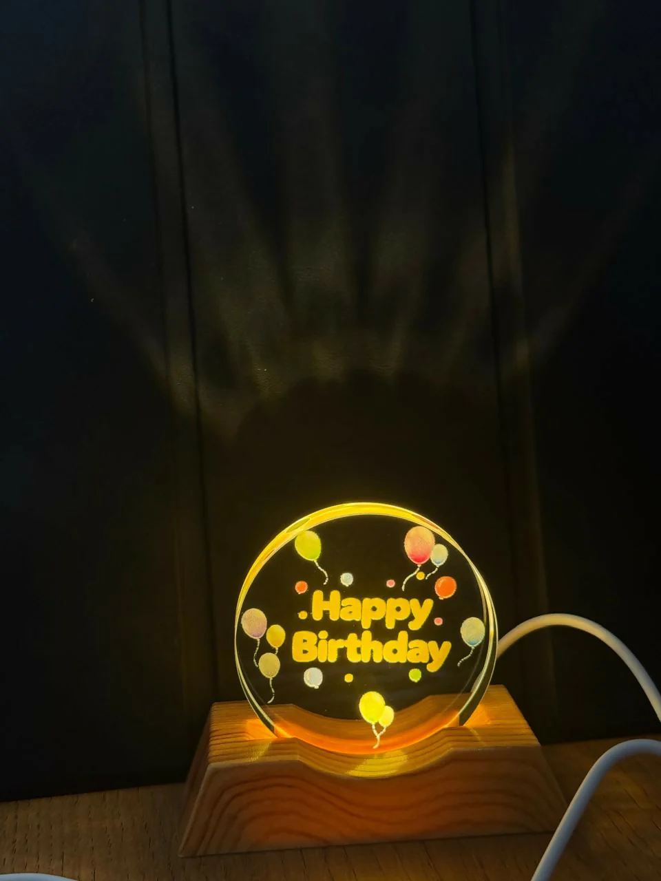 Happy Birthday Acrylic LED Lamp with Wooden Base Balloon Party Gift - Image 4