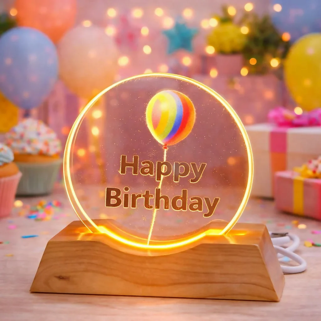 Happy Birthday LED Lamp Wooden Base Decorative Night Light - Image 2