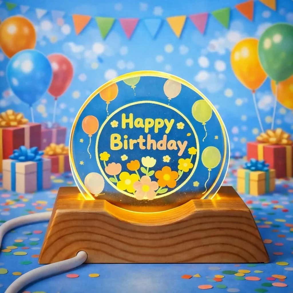 Happy Birthday LED Lamp Wooden Base Decorative Night Light - Image 3
