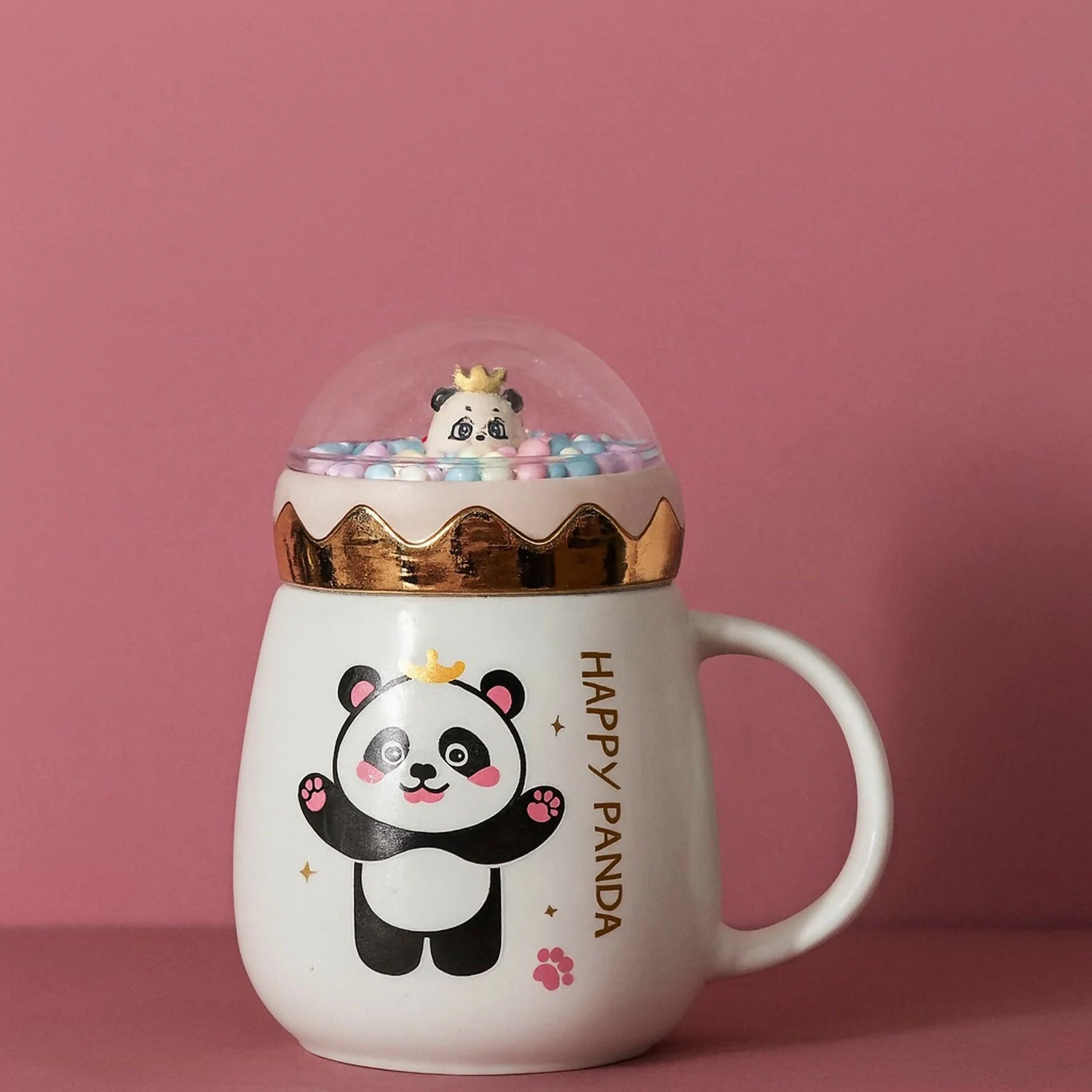 Happy Panda Ceramic Mug with Dome Lid & Golden Crown | Cute Gift for Kids & Girls - Image 2